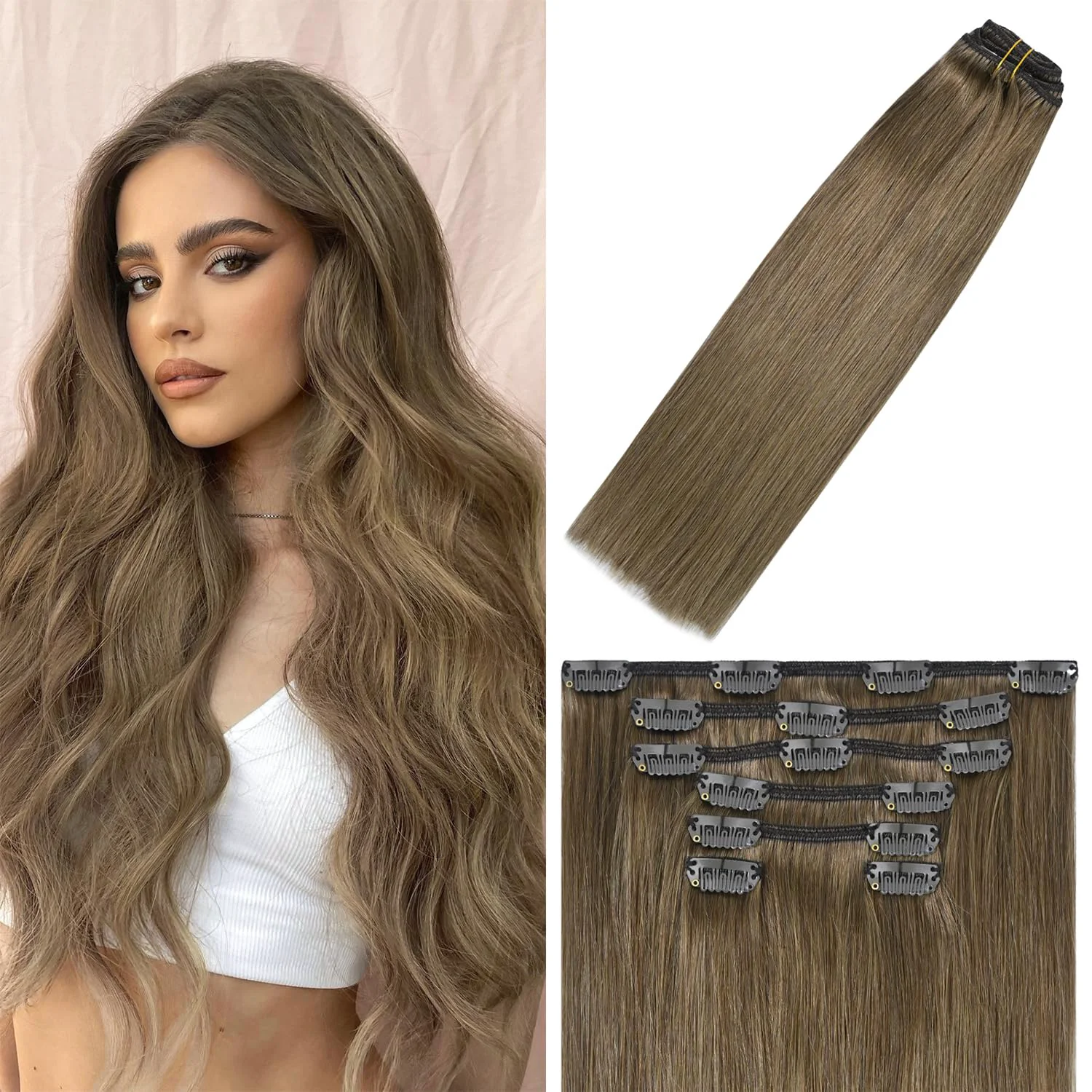 High-Performance WindTouch Clip in Hair Extensions Remy Hair Ash Brown For Black Women 20Inch 75g Soft Clip Ins 8 7PCS Gift For Women Smart