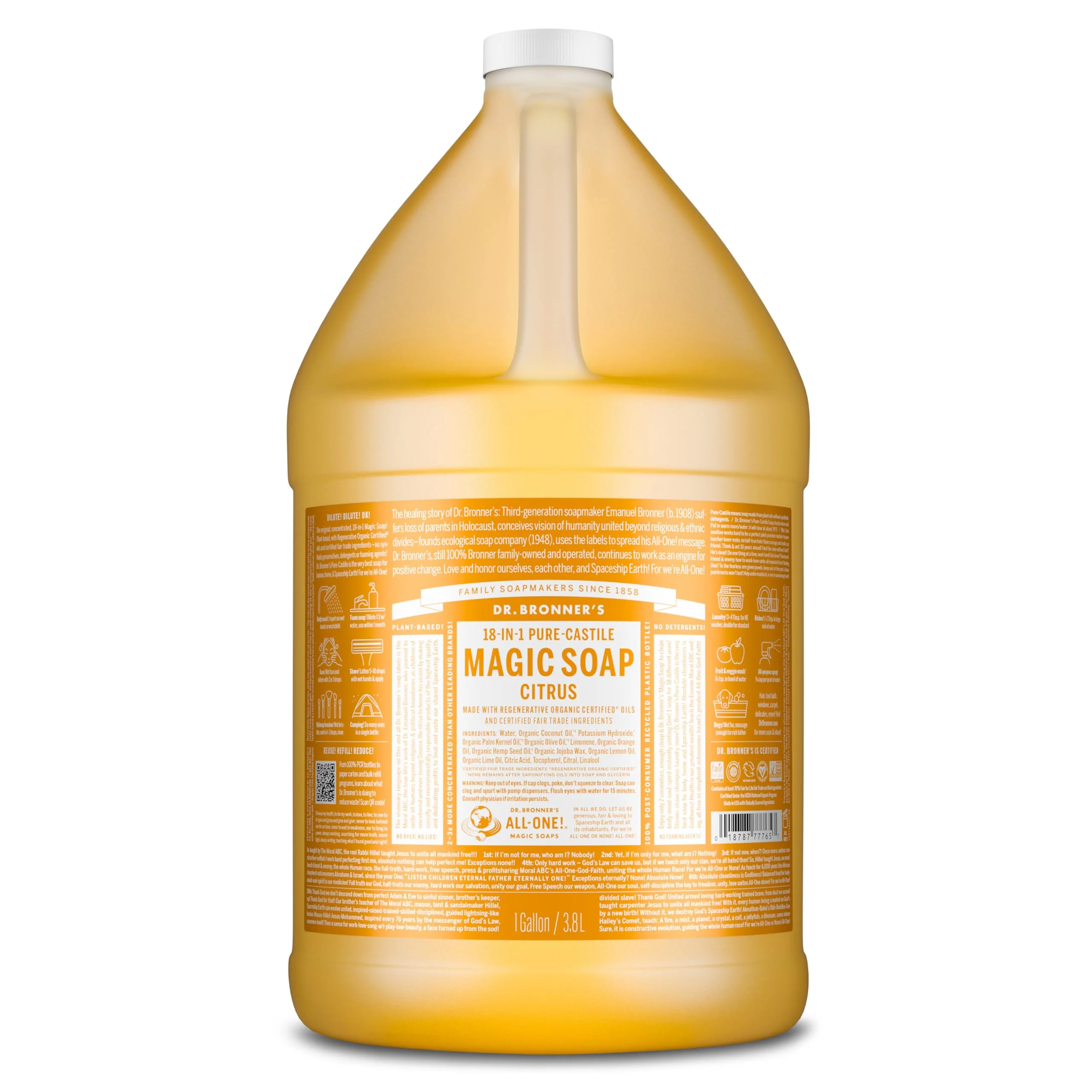Versatile Dr. Bronner's Pure-Castile Soap Liquid Citrus 1 Gallon - Made with Regenerative Organic Oils 18-in-1 Uses Face Body Hair Next-Generation