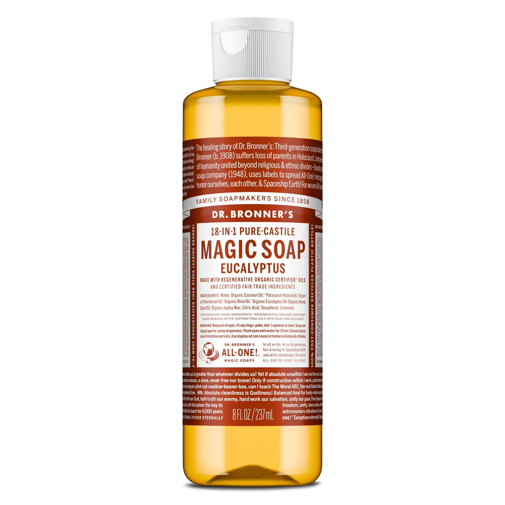 Recyclable Dr. Bronner's Pure-Castile Soap Liquid Eucalyptus 8 Ounce - Made with Regenerative Organic Oils 18-in-1 Uses Face Body Hair Innovative