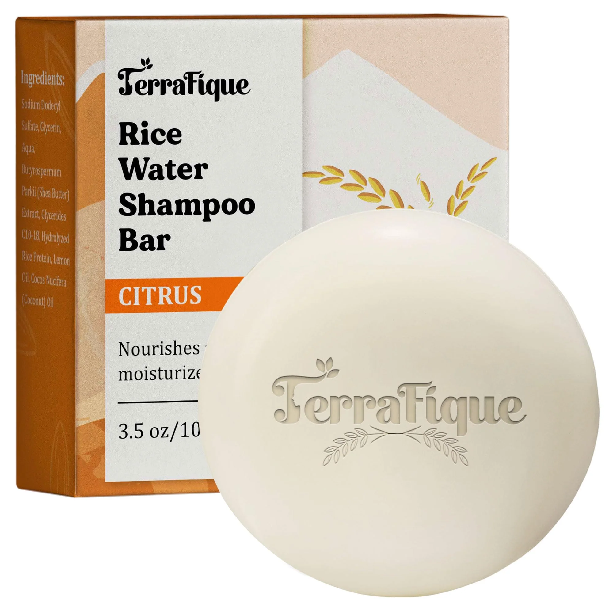 Sustainable TERRAFIQUE Rice Water Shampoo Bar - Citrus Scent - Nourishing Shampoo with Cocoa Butter Shea Butter for Hair Growth - 3.5 Oz 100 G Healthy