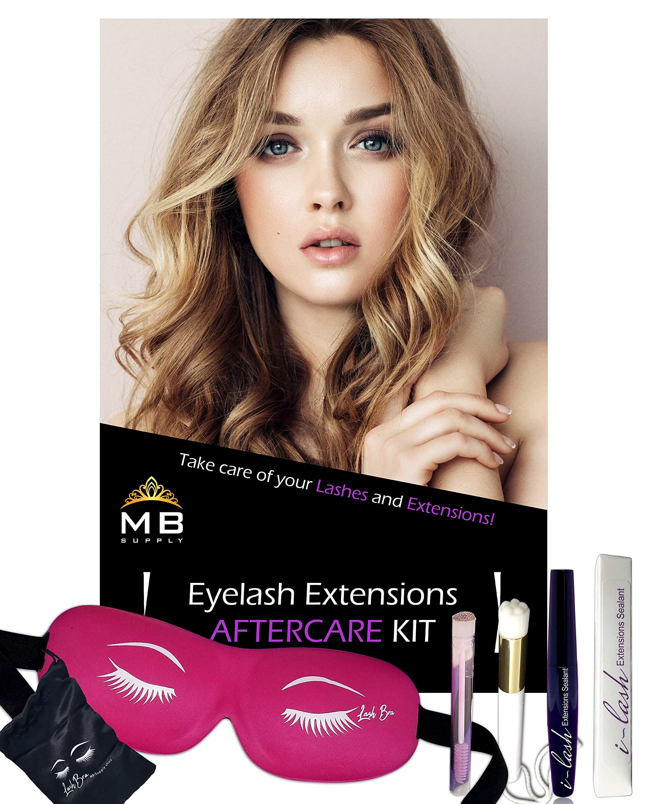 Official Eyelash Extensions Aftercare Kit With Sealant Brush Spoolie and 3D Deep Contour Sleep Mask Protects Volume Lashes While Sleeping - PINK Lash Bra Carefully Designed
