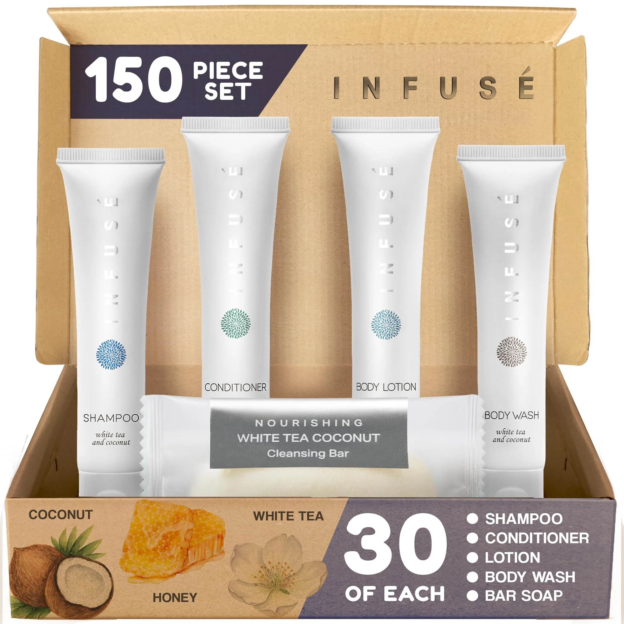 Lightweight Infuse Pure White Tea and Coconut Hotel Soaps and Toiletries Bulk Set 1-Shoppe All-In-Kit for Airbnb 1oz Shampoo Conditioner Body Wash Lotion Stylish