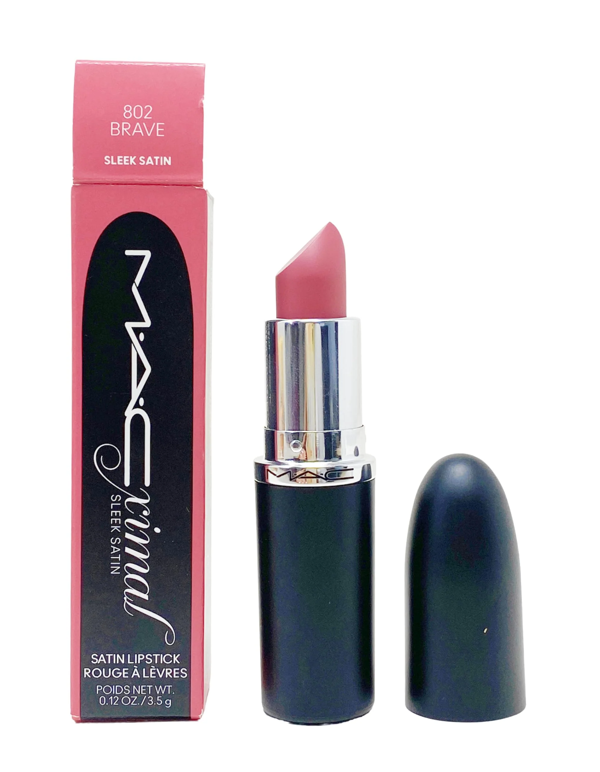 Optimized MAC Cosmetics Ximal Sleek Satin Lipstick - 802 Brave Pink beige with a white pearl 0.12 Oz 3.5 g Detailed