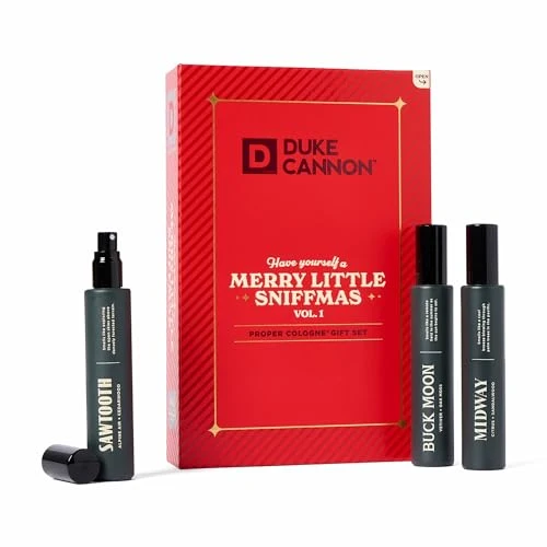 Authentic Duke Cannon Merry Little Sniffmas Giftset - travel-sized trio of Duke Cannon Proper Cologne® - Holiday Cologne Gift Set - eau de parfum - Sawtooth Safe