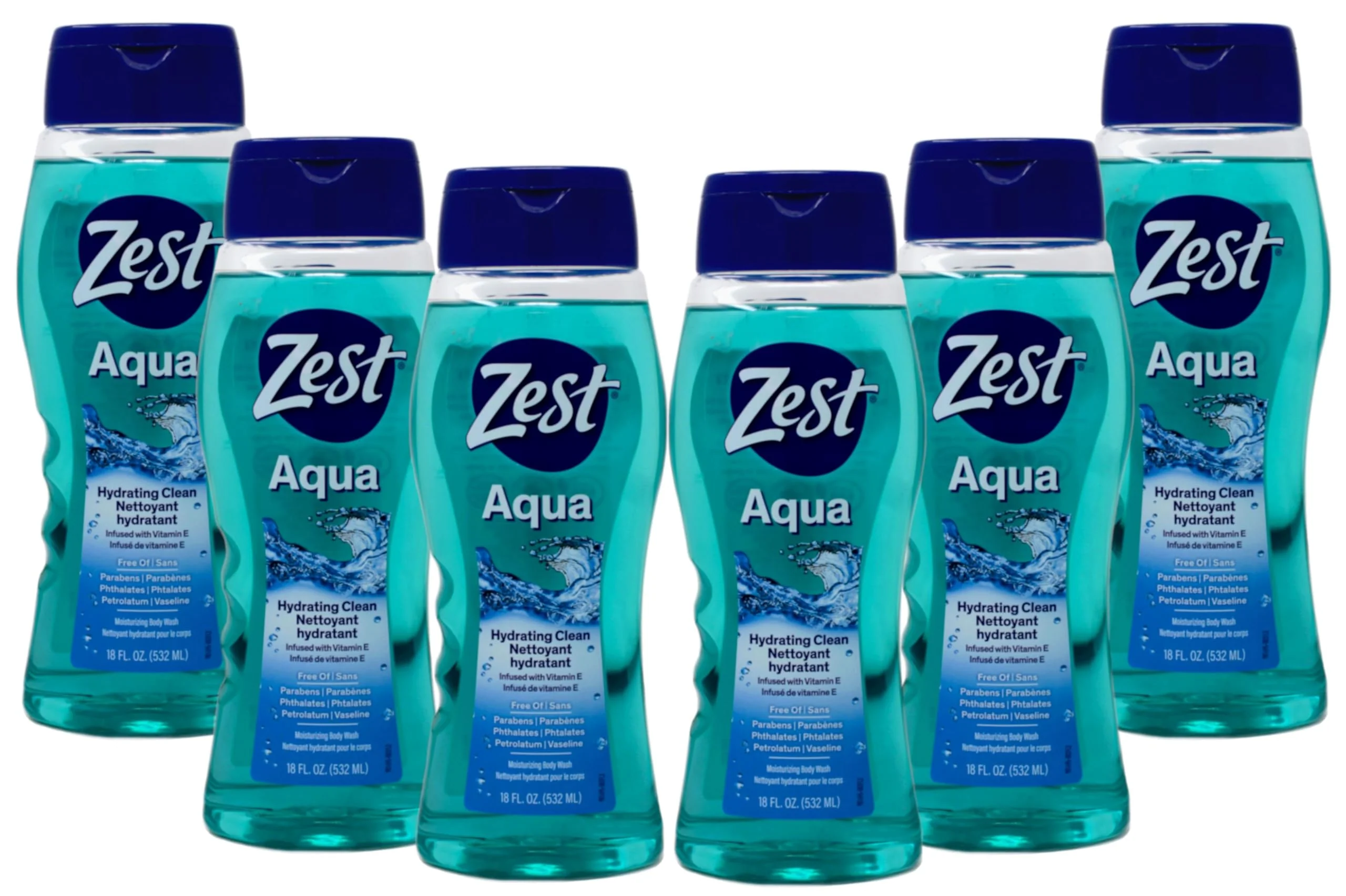 Professional Zest Hydrating Body Wash - Aqua - Moisturizing Body Wash for Men and Women - Bath Soap with Vitamin E - Gentle Paraben Formula - 6 pc Natural