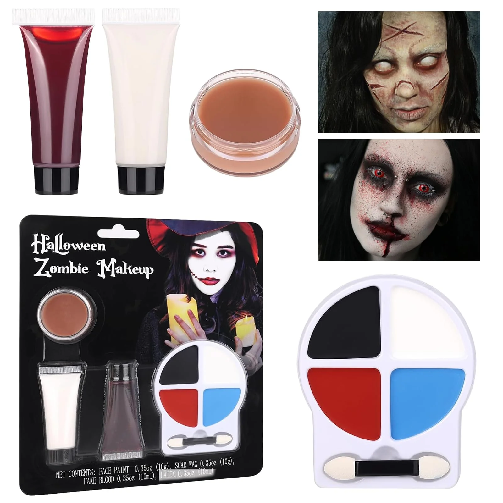 Elite Zombie Makeup Kit - Professional SFX Makeup Set with 4 Color Face Body Paint Liquid Latex Fake Blood Scar Wax for Halloween Vampire Clown Cosplay Authentic