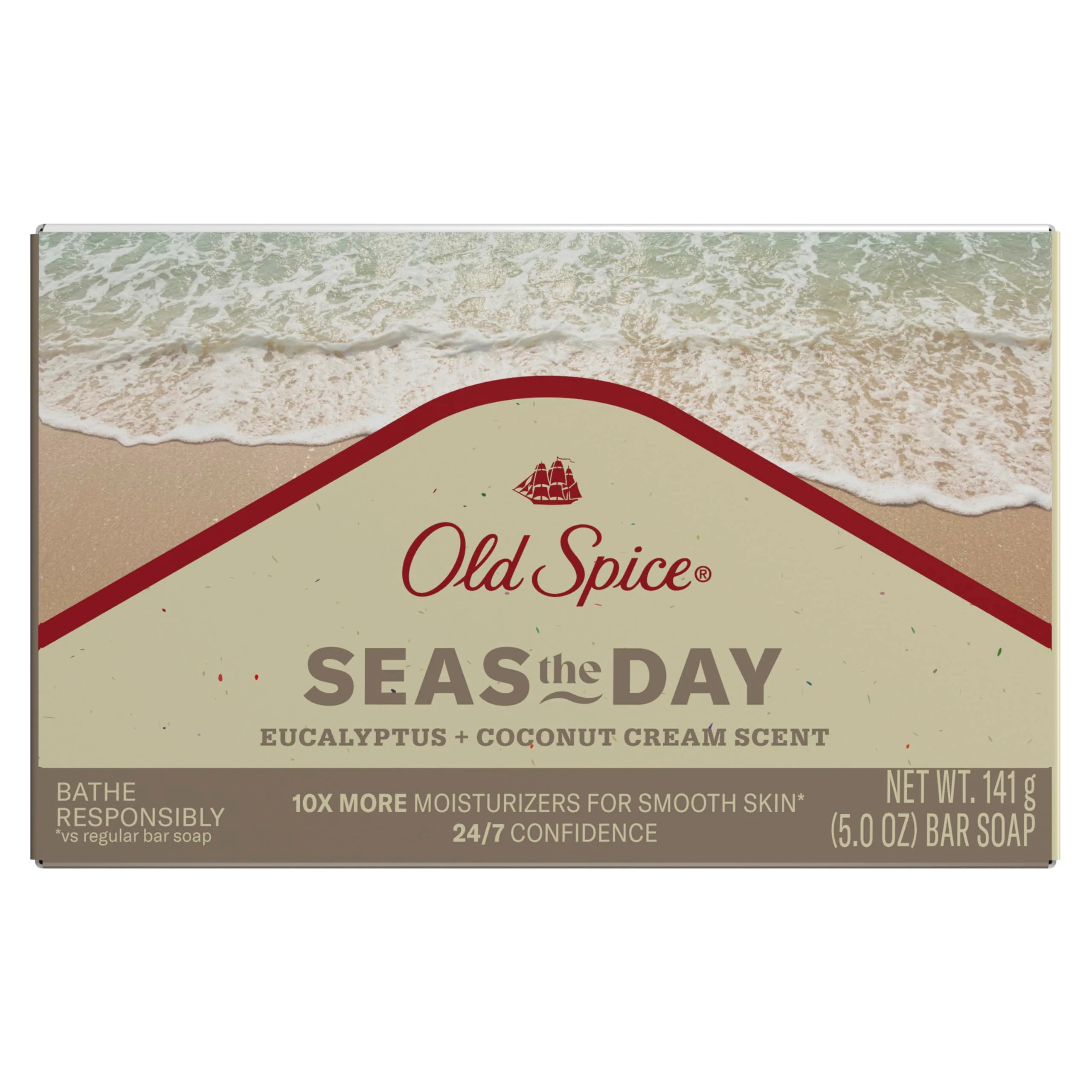 Natural Old Spice Men's Bar Soap Seas The Day Eucalyptus and Coconut Cream Scent 10x More Moisturizers for Smooth Skin with Mild Exfoliators Plant Based Reliable