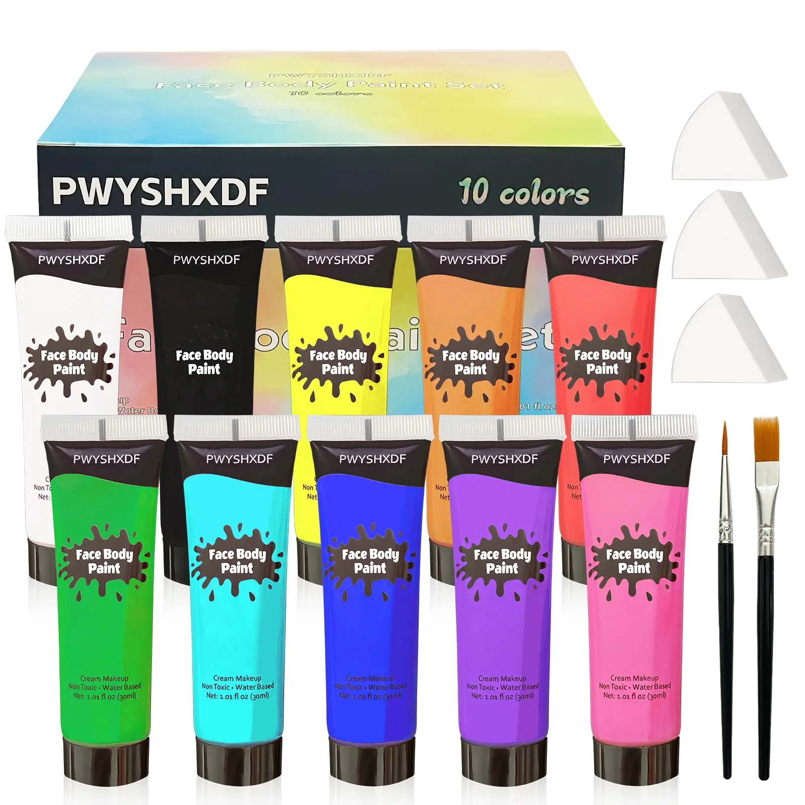 Long-Lasting PWYSHXDF 10 Colors Face Body Paint Set Water Based Body Paint for Adults Washable Face Paint Kit with Brushes Sponges Non-Toxic Face Painting Genuine