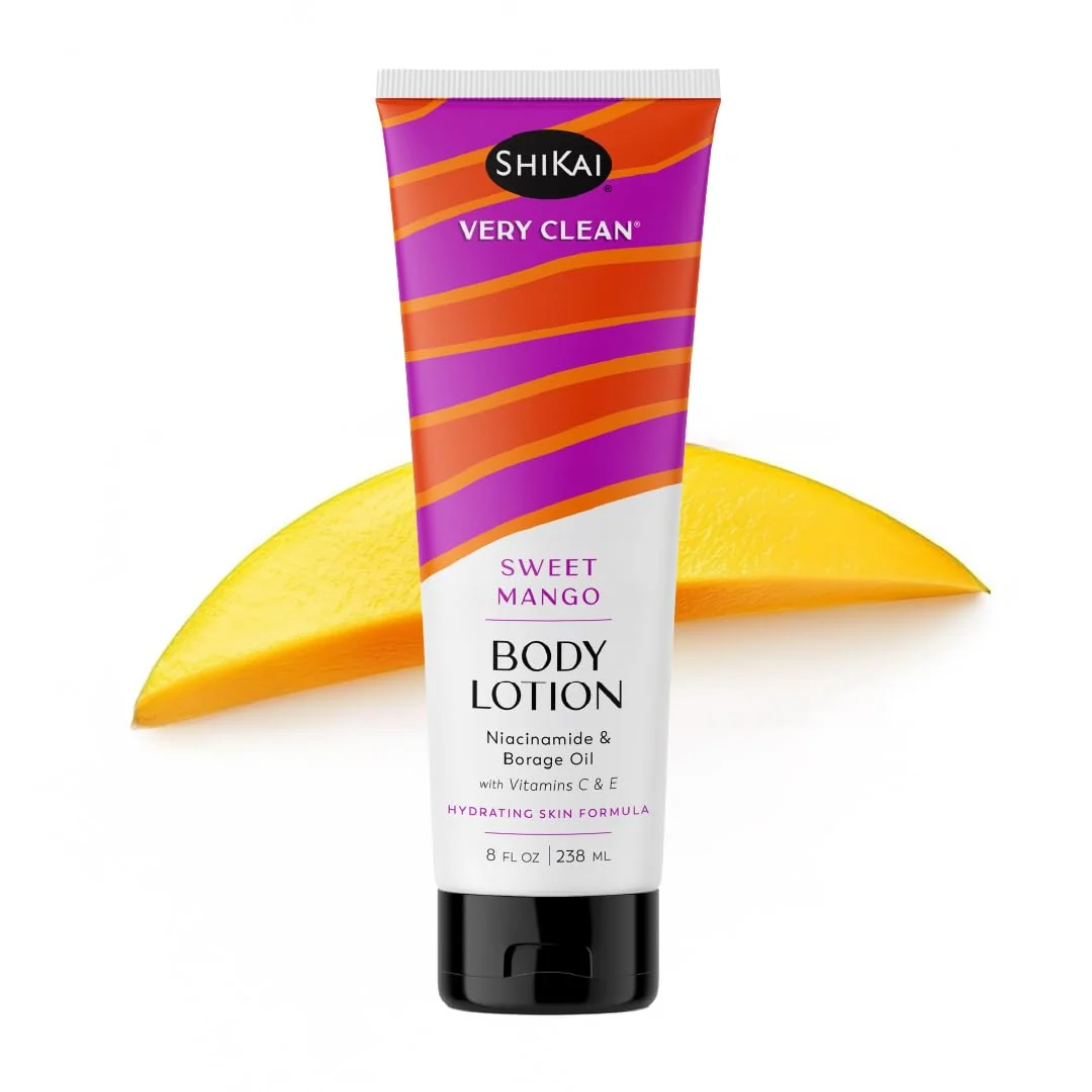 Responsible ShiKai Very Clean Body Lotion Sweet Mango 8 oz Hydrating Skin Moisturizer for Dry Skin With Niacinamide Borage Oil and Vitamin C E Sustainable