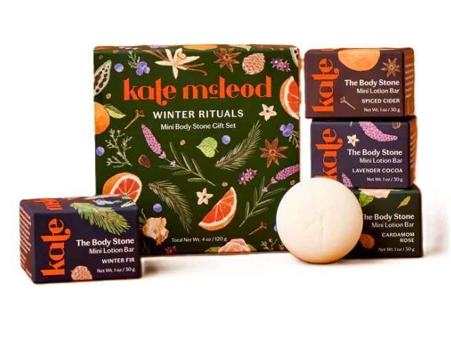 Verified Kate McLeod Winter Rituals Mini Body Stone Gift Set Lavender Cocoa Cardamom Rose Spiced Cider and Winter Fir Safe
