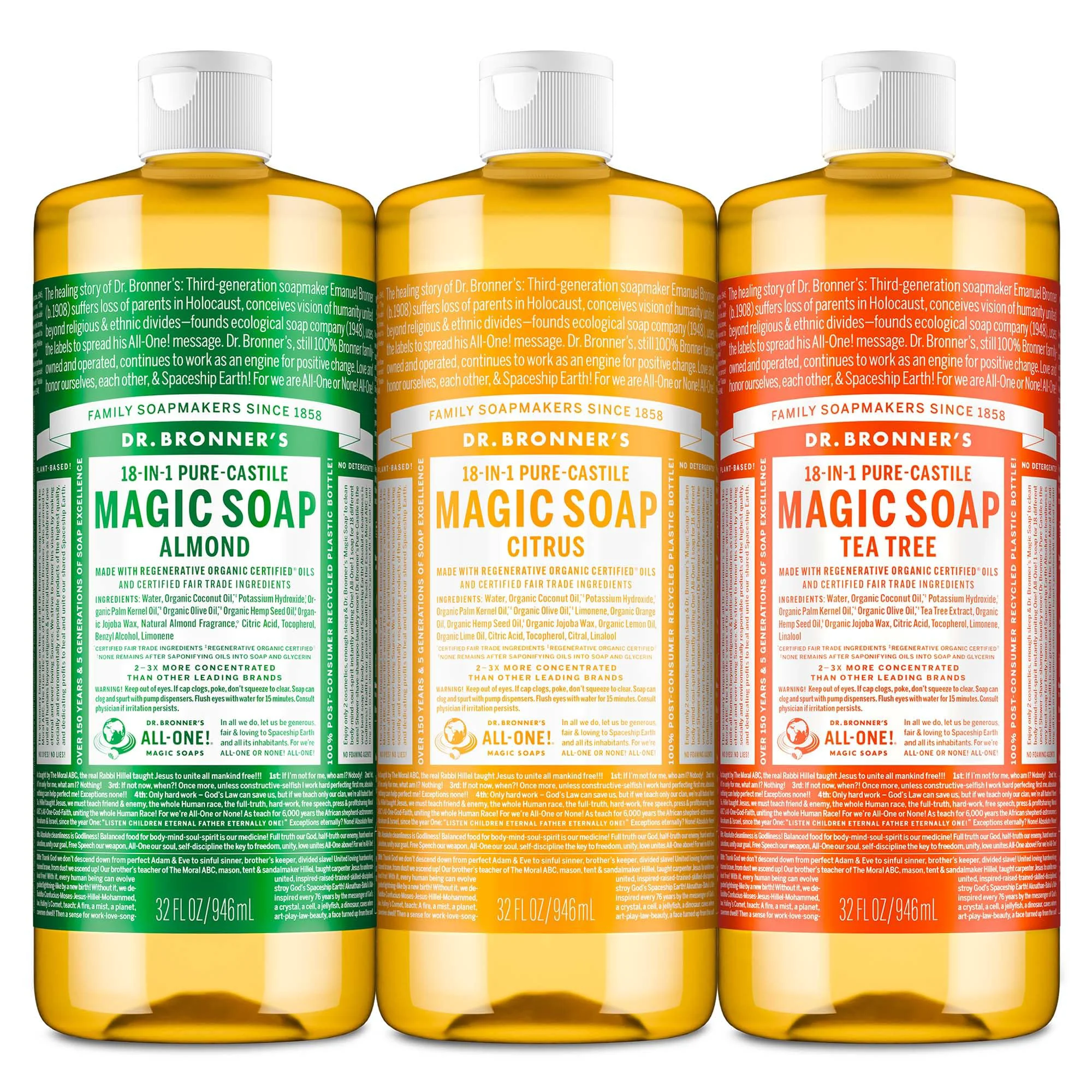 Breathable Dr. Bronner's Pure-Castile Liquid Soap - Made with Organic Oils 32 oz 3-Pack Almond Citrus Tea Tree Body Wash Face Dish Laundry Pet World-Class
