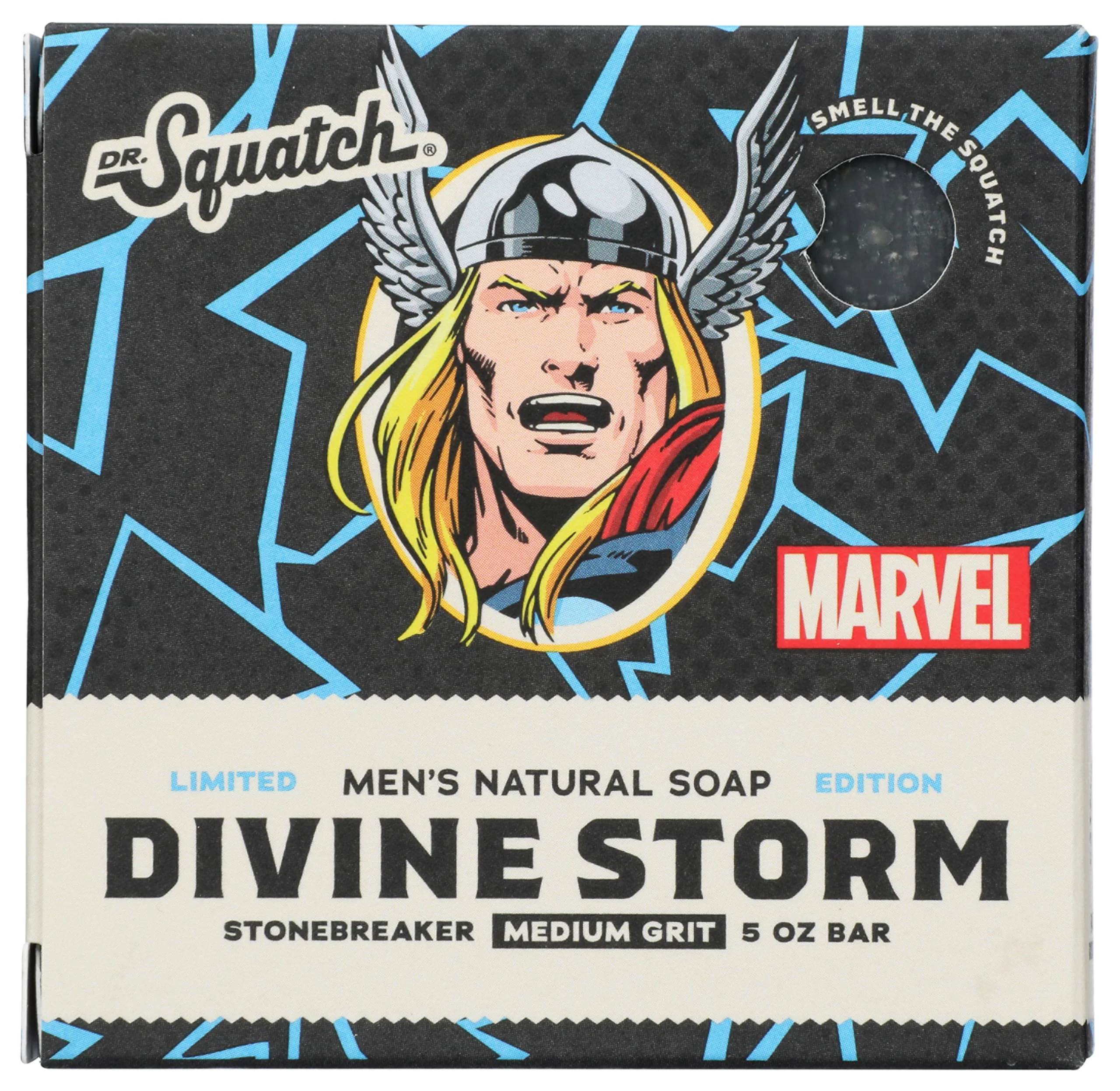 Clean Dr. Squatch All Natural Divine Storm Limted Edition Men's Bar Soap with Medium Grit Marvel Thor Stonebreaker Made From Natural Oils Black Original
