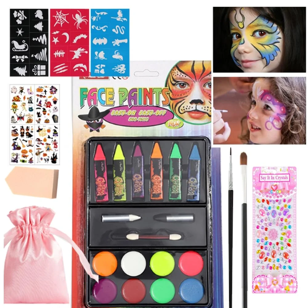 Secure Face Body Painting Kit Washable Safe Facepaint Makeup Party Pack Including CrayonsPlettes Brushes Pad Stencils for Halloween School Events Birthday Certified