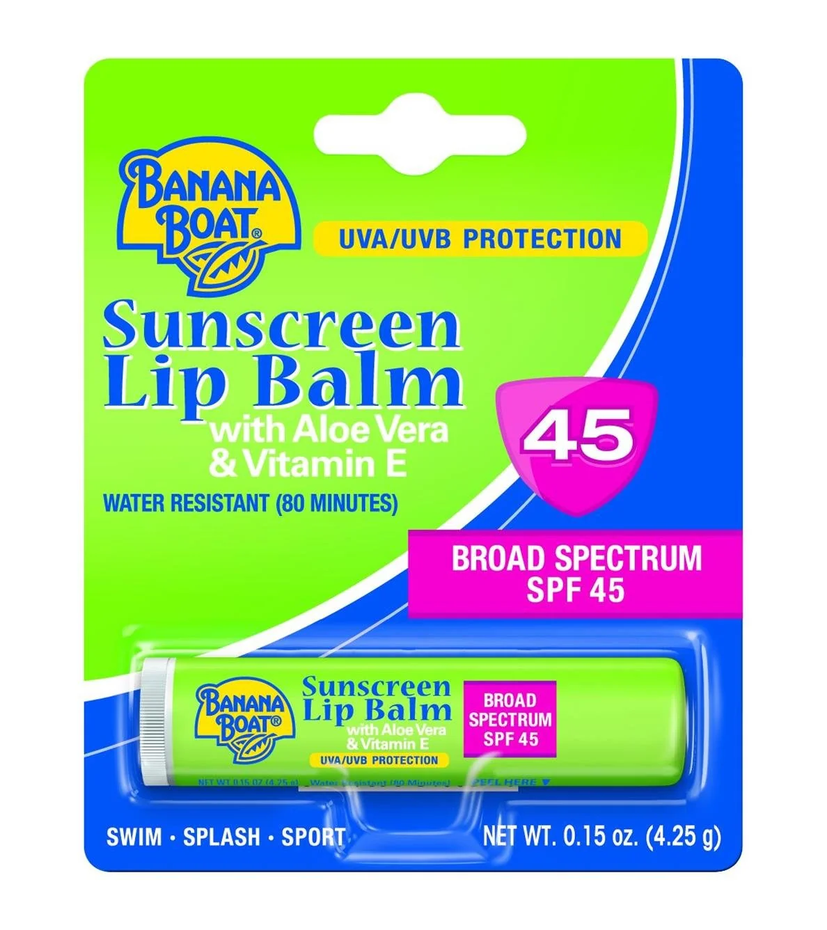 Luxury Banana Boat Sunscreen Care Aloe Vera with Vitamin E Broad Spectrum Lip Balm - SPF 45 0.15 Oz Fast
