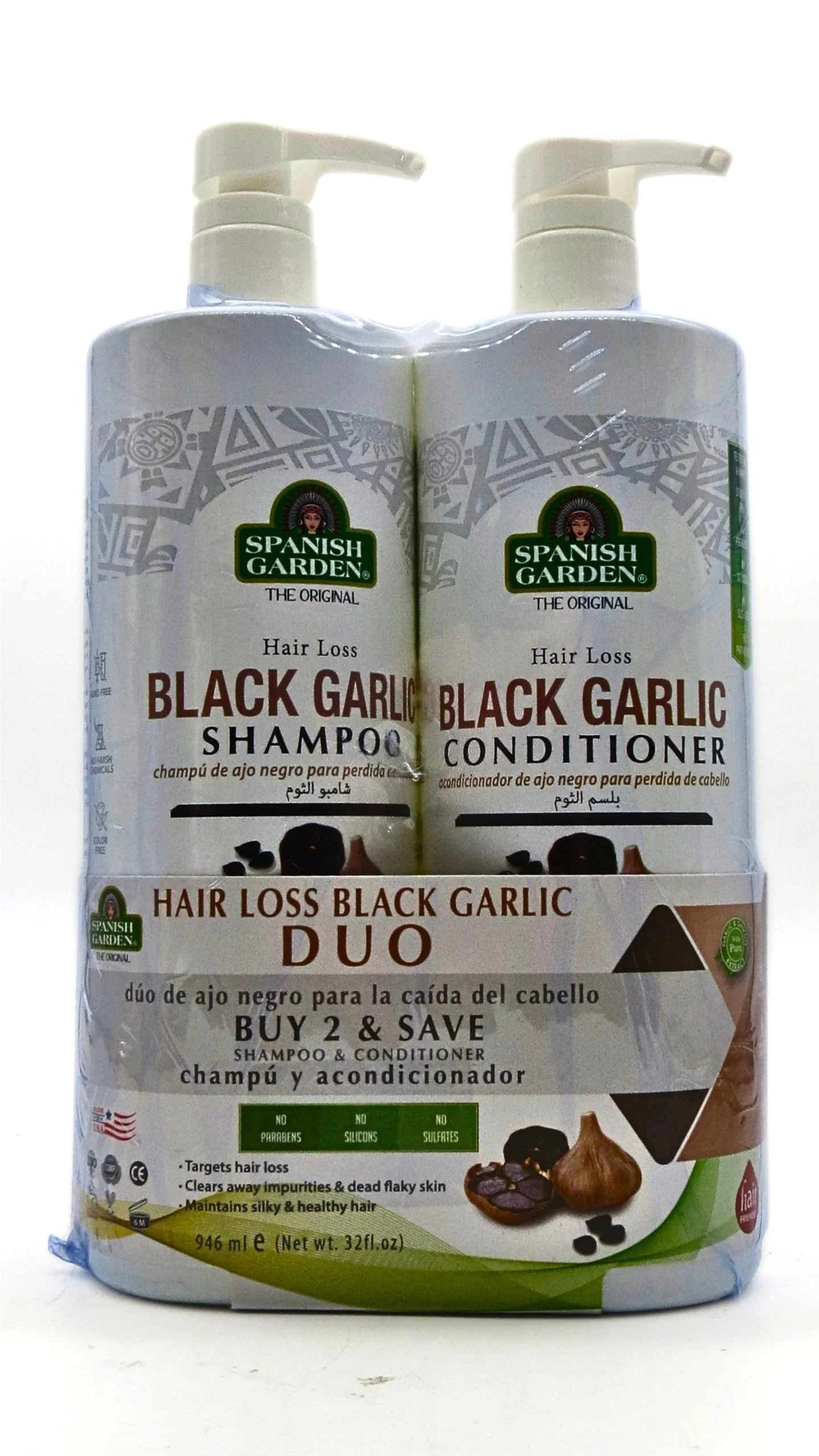 Expertly Made Spanish Garden Black Garlic Hair Strengthening Shampoo Conditioner Set - For Stronger Thicker Healthier - Hair Care for Deep Nourishment Long-Lasting