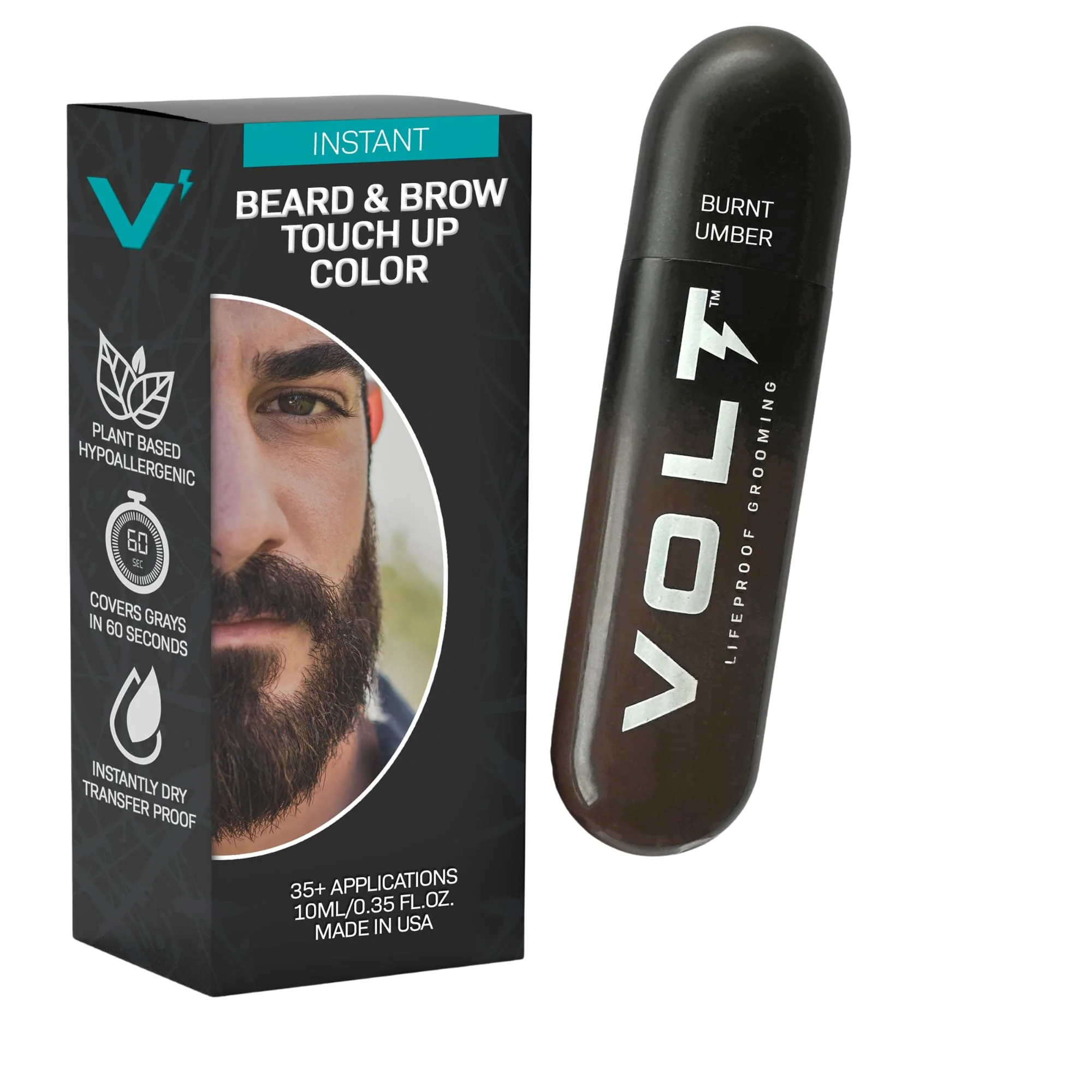 Original VOLT Grooming Temporary Instant Beard Color for Men Quick Drying Plant-Based Brush On Beard Mustache Eyebrow Color Sensitive Skin Safe Burnt Fine Crafted