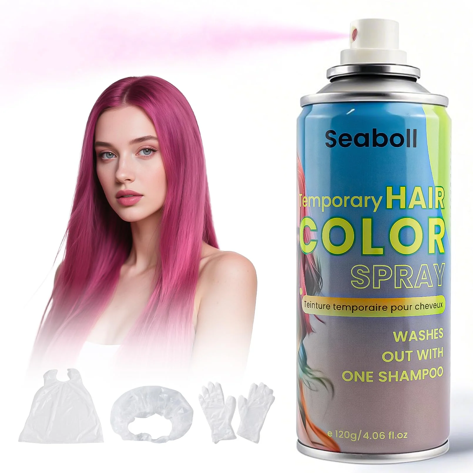 Effective Pink Hair Spray Seaboll Temporary Hair Color Spray for Kids Women Men-4.06 oz- Safe Non Sticky Washable One Day Hair Dye Spray Disposable Accessories Casual