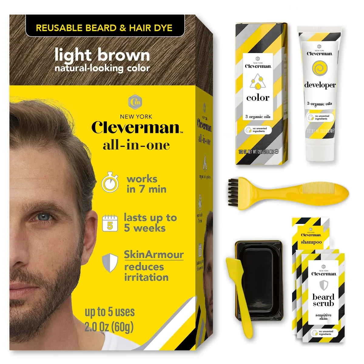Smooth Reusable Hair Beard Dye for Men - Light Brown 6.12 Up to 5 Uses 7 Minutes Natural Gray Coverage No-Drip Cream with SkinArmour® - Cleverman