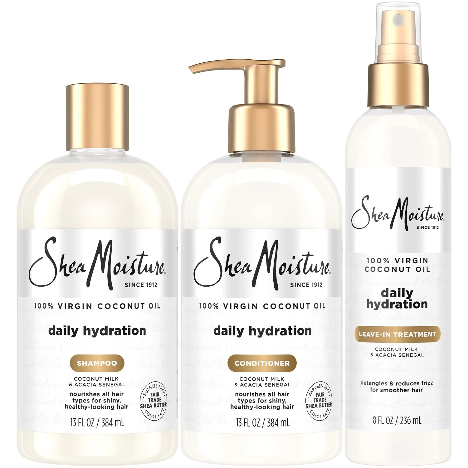 Certified SheaMoisture Shampoo Conditioner Leave-in Treatment Daily Hydration with Coconut Oil Hair Detangler Frizz Control Cruelty- 3 Piece Set High-Performance