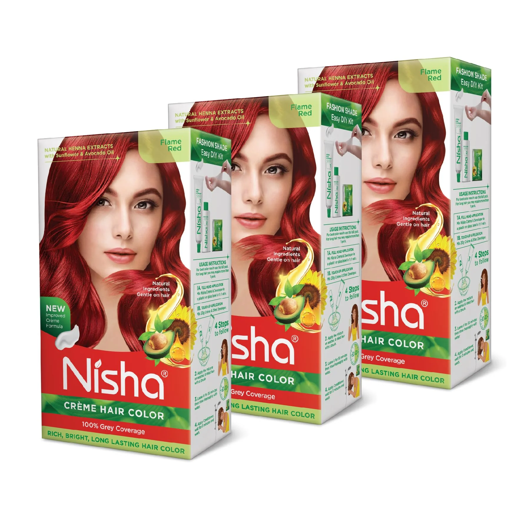Crafted Nisha Creme Hair Color Flame Red Hair Dye Permanent Red Hair Colour 5.07 fl oz Pack of 3 Original