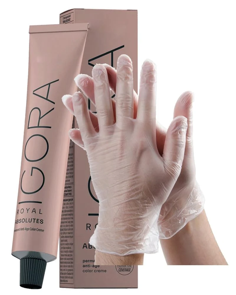 Quality IgoraAbsolutes 8-50 Light Blonde Gold Natural Permanent Hair Color 2 Fl Oz and Clear Powdered Medium Vinyl Gloves Bundle Fashionable