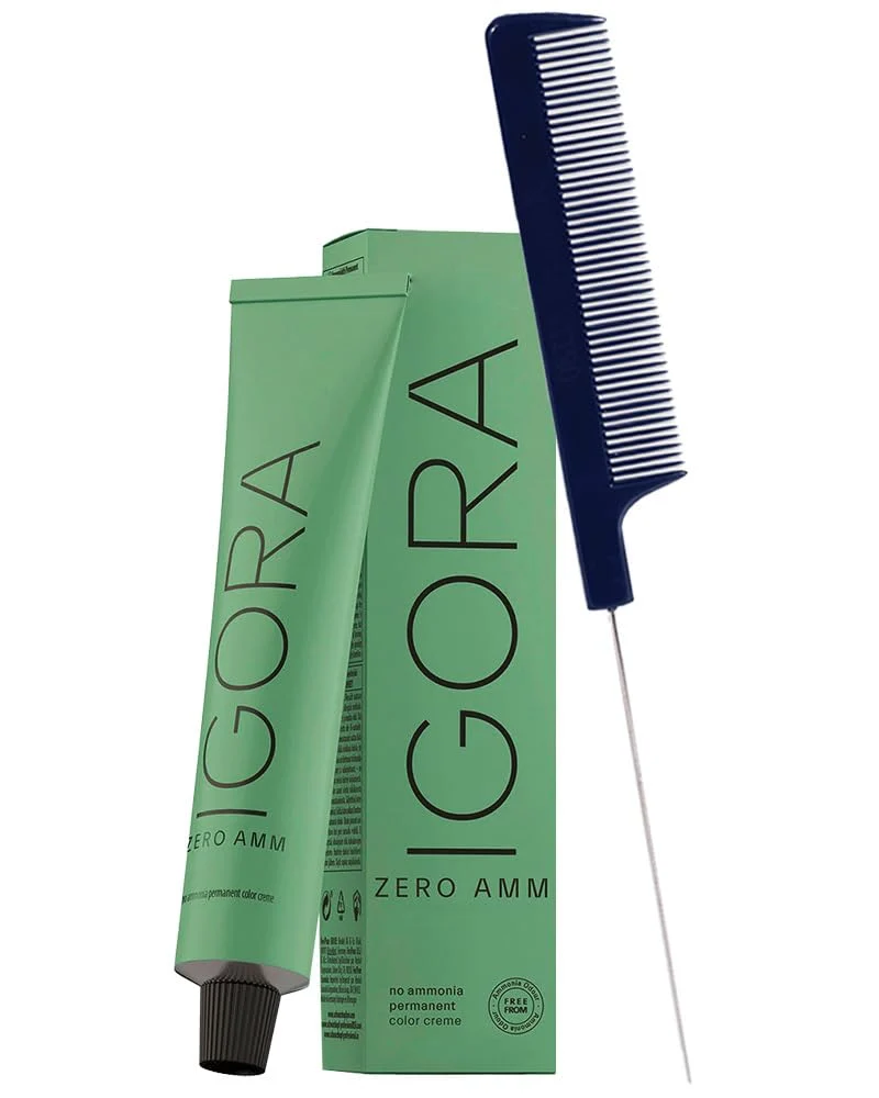 Quality Igora Zero AMM 6-99 Dark Blonde Violet Extra Hair Color No Ammonia Permanent Color Creme Hair Dye 2.1 oz and M Hair Designs Pin Tail Comb Bundle Unique