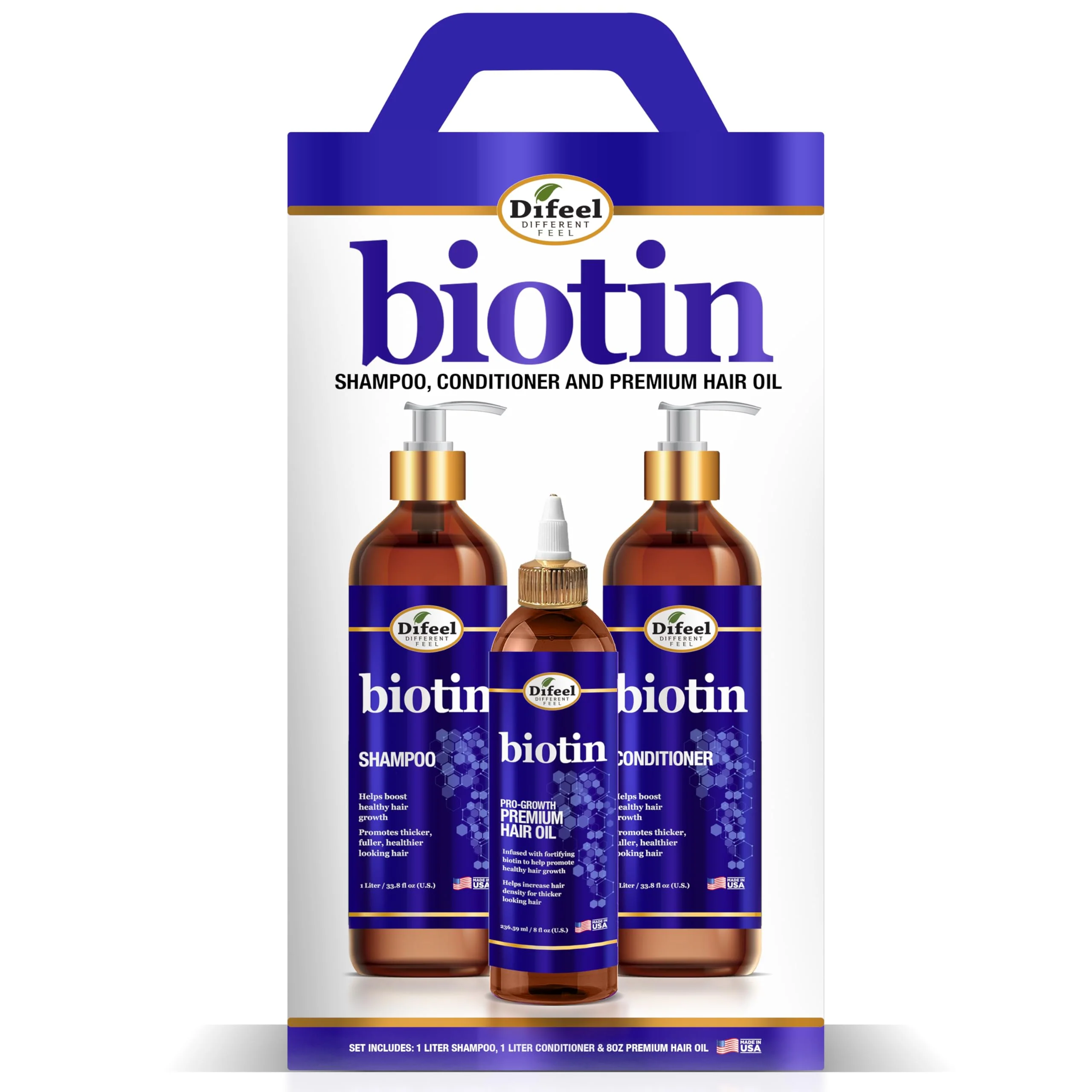 Stylish Difeel d Biotin Shampoo 33.8oz Conditioner 33.8oz Oil 8oz 3-PC Large Boxed Gift Set Certified
