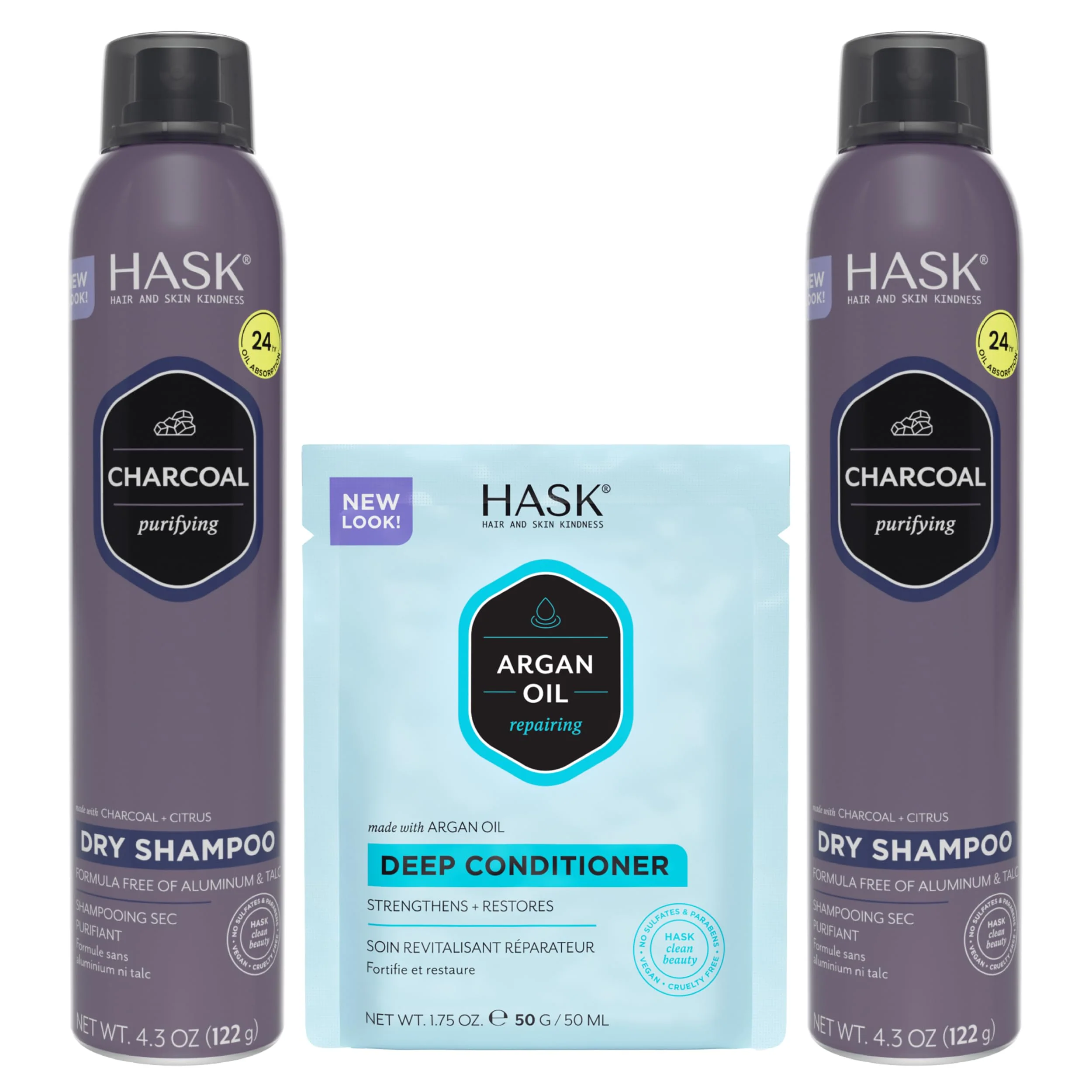 Advanced HASK Charcoal Clarifying Dry Shampoo Duo 4.3oz-Qty 2 Argan Oil Repairing Deep Conditioner Packette Aluminum- Sulfate- Paraben- Secure