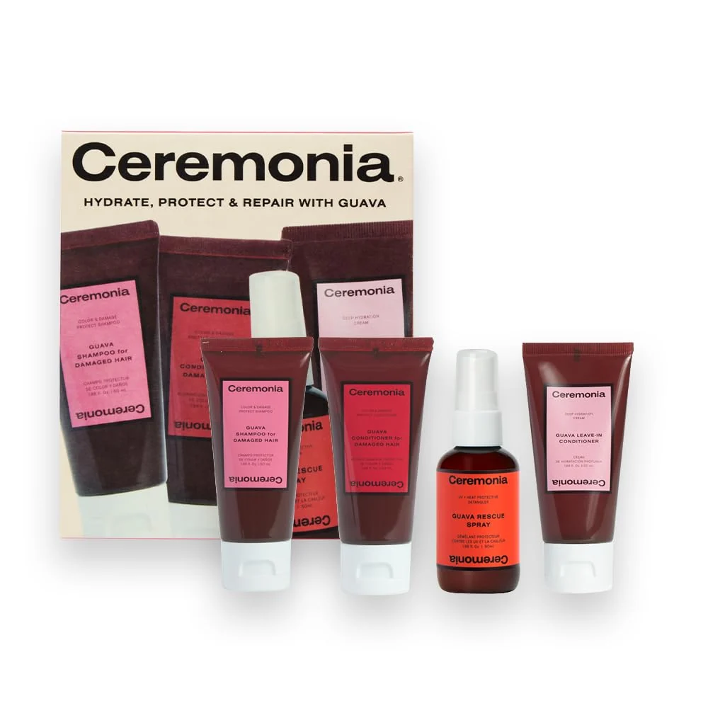 Green Ceremonia Guava Travel On-the-Go Kit 4 Piece Hair Care Set to Repair Split Ends Reduce Frizz Includes Shampoo Conditioner Leave-In Outstanding