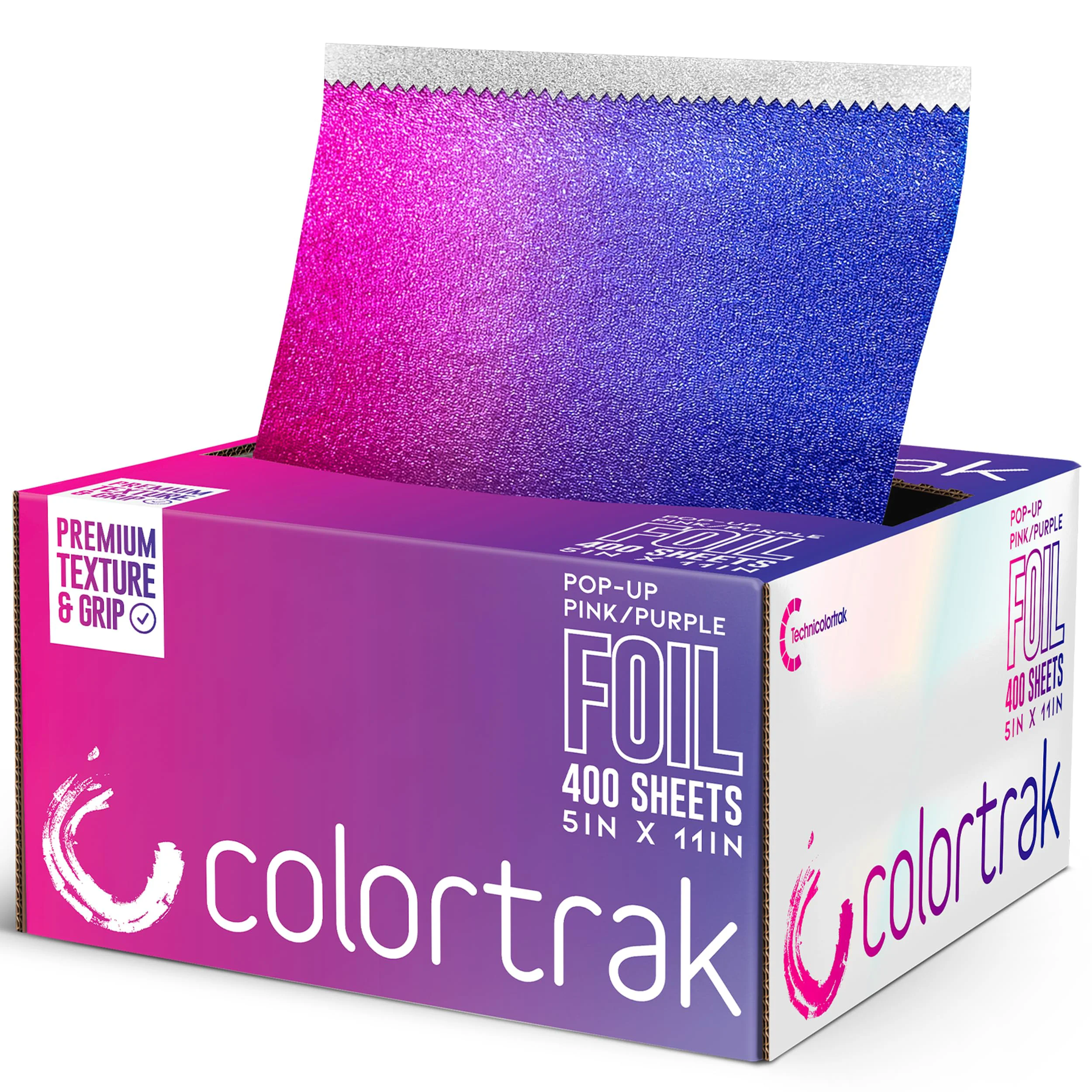 Minimalist Colortrak Pink Purple Gradient Pop-up Foil w Dispenser 400 Count Pre-cut Sheets Non-Slip Embossed Texture 5 x 10.75 Sheets for Hair Foil Stylish