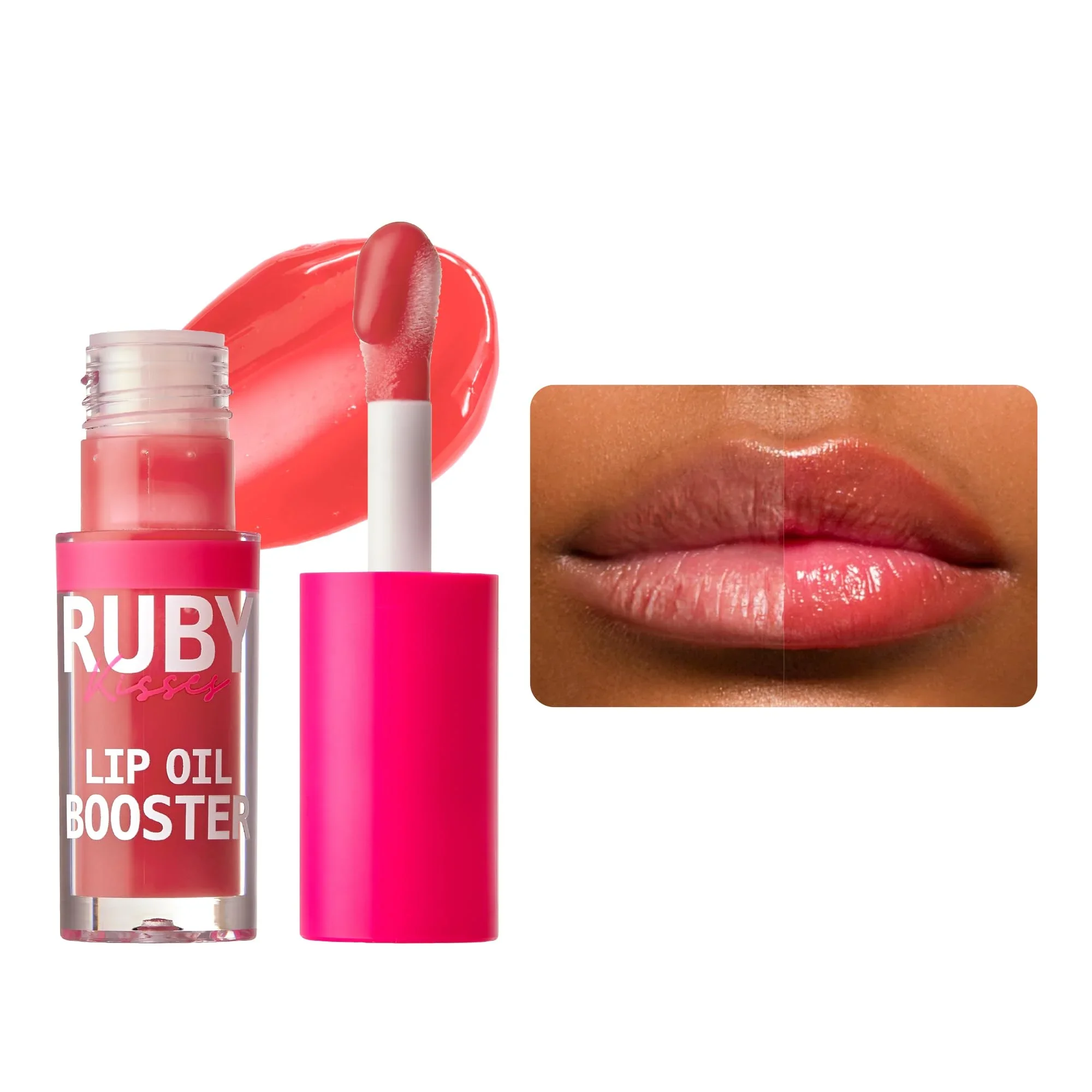 Fine Ruby Kisses Lip Oil Booster Hydrating Lip Gloss with Nourishing Natural Oil Blend Jumbo Wand for Easy Application Non-Sticky Formula Rosewood Powerful