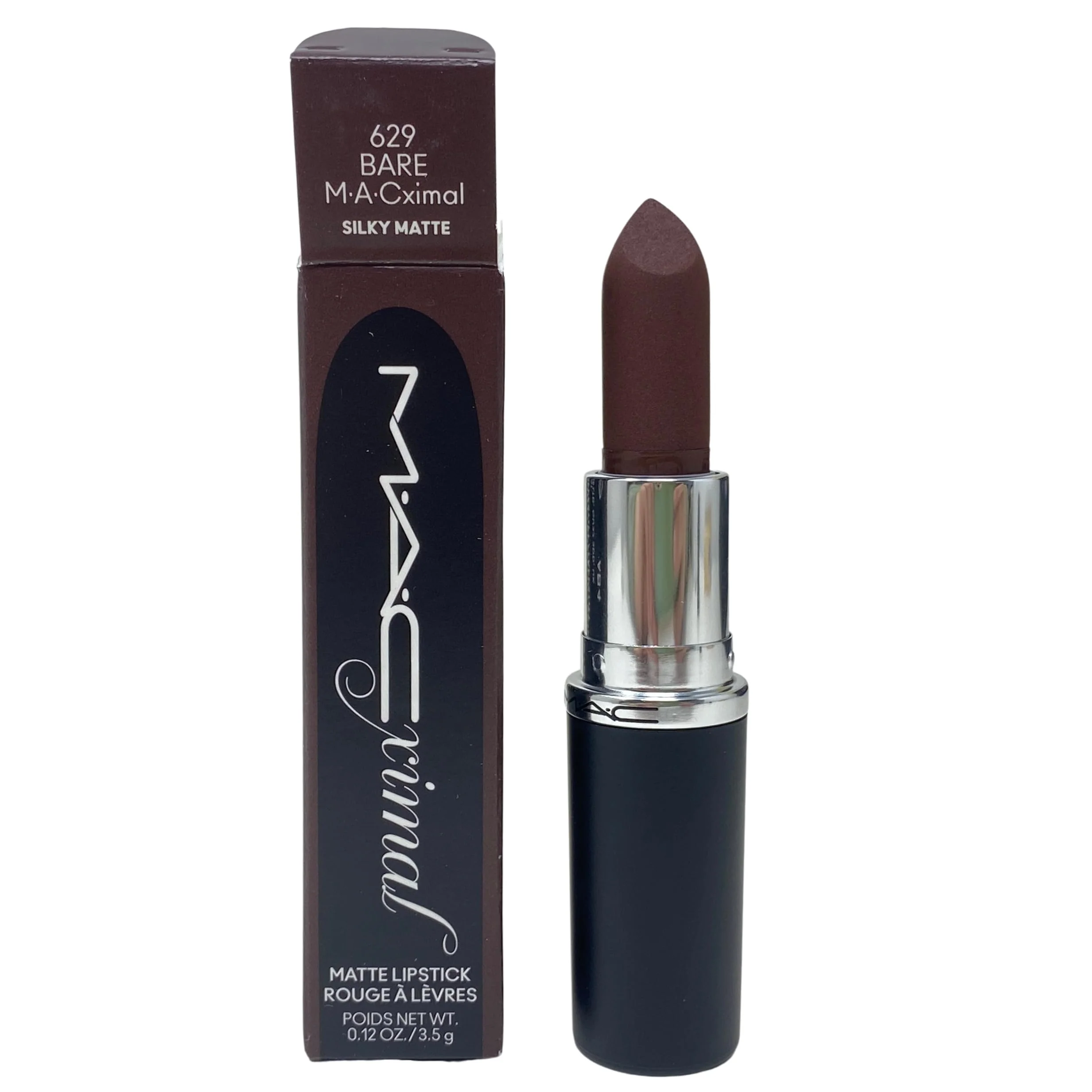 Green MAC Cosmetics Macximal Silky Matte Lipstick - 629 Bare - Deep rich chocolate brown 0.12 oz 3.35g Trendy