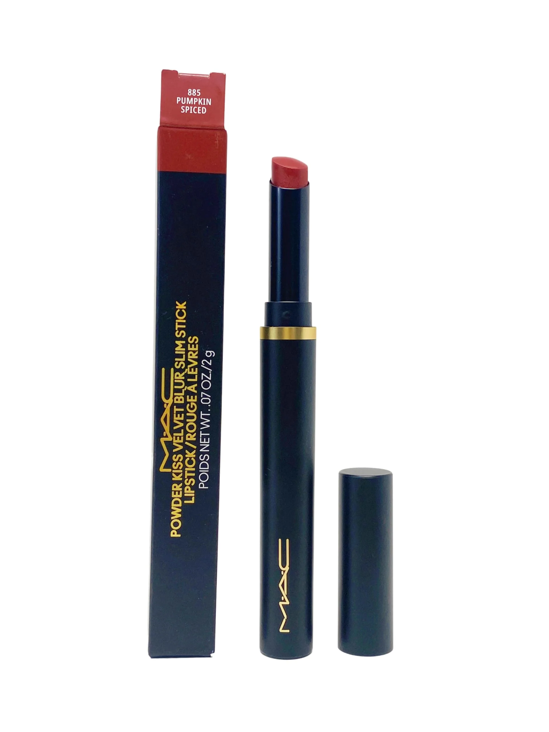 High-End MAC Cosmetics Powder Kiss Velvet Blur Slim Stick Lipstick - 885 Pumpkin Spiced Spicy Orange .07 Oz Comfortable
