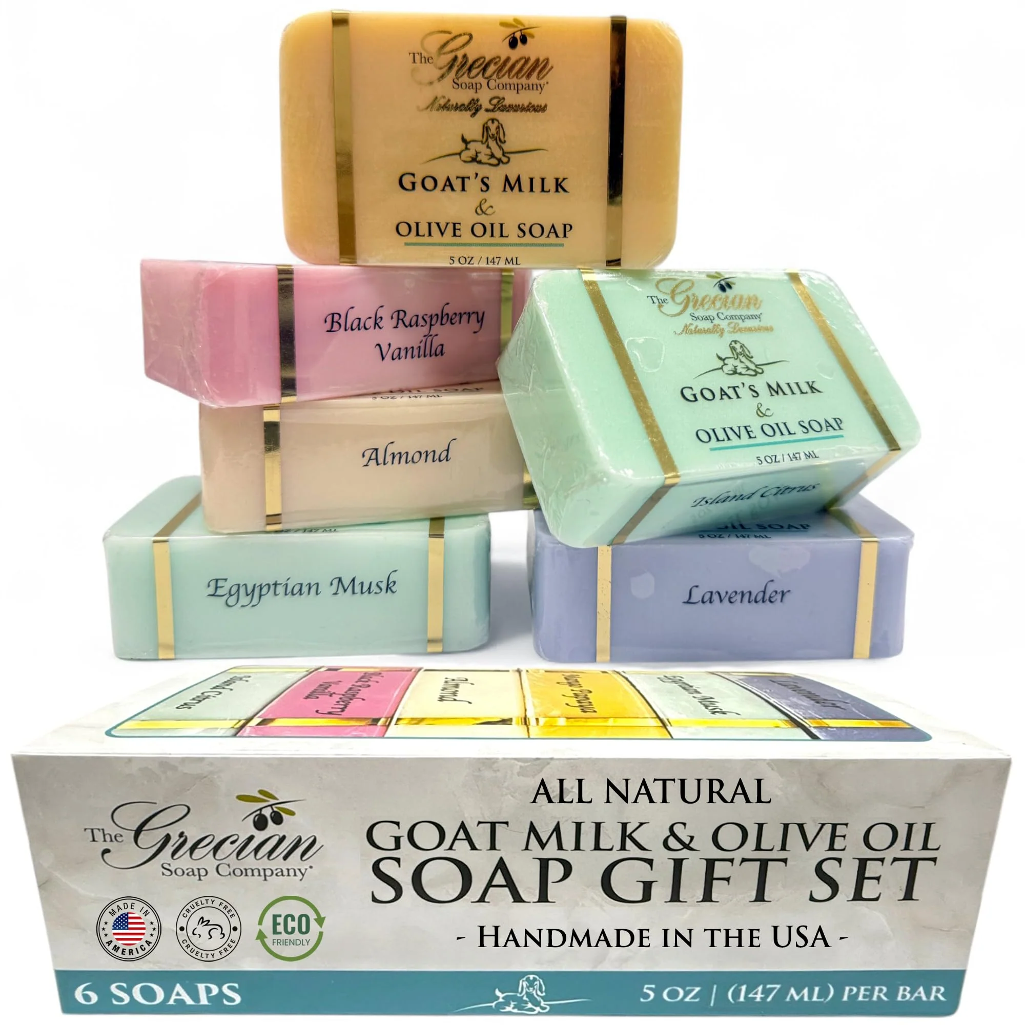 Selected The Grecian Soap Company Goat Milk and Olive Oil Bar Soap - 6-Pack 5 Ounces Each total 30ozs. - Moisturizing Body Wash Bar Soap for Bath Advanced