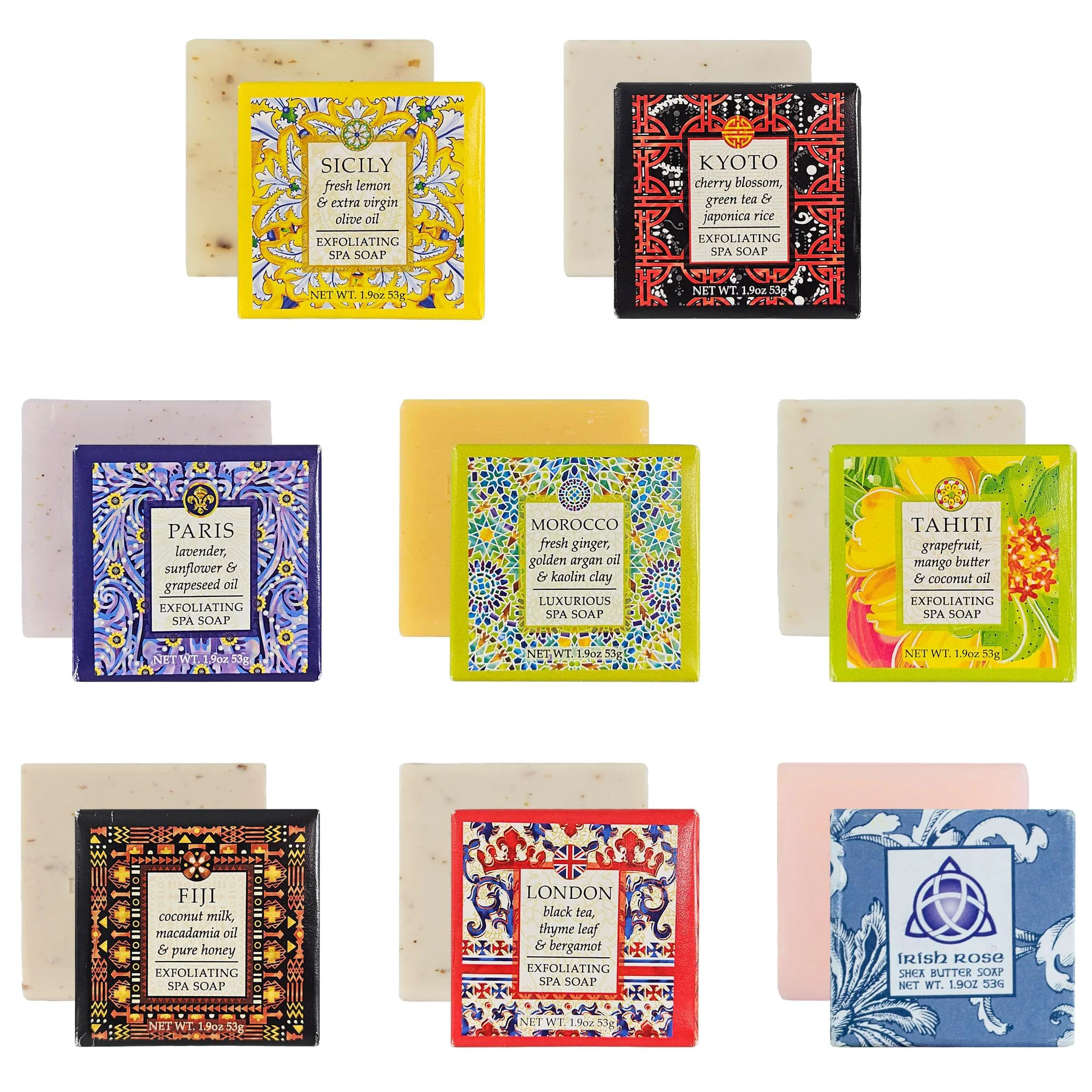 Authentic Destination Soap Sampler- Set of 8 Exfoliating Spa Soap Bars- Enriched with Shea Butter and Essential Oils- Sicily Kyoto London Paris Morocco Innovative