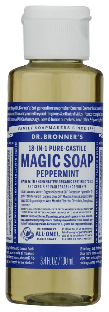 Classic Dr. Bronners Castile Soap Peppermint 18 In 1 Organic 3.4 Fl Oz Expertly Made