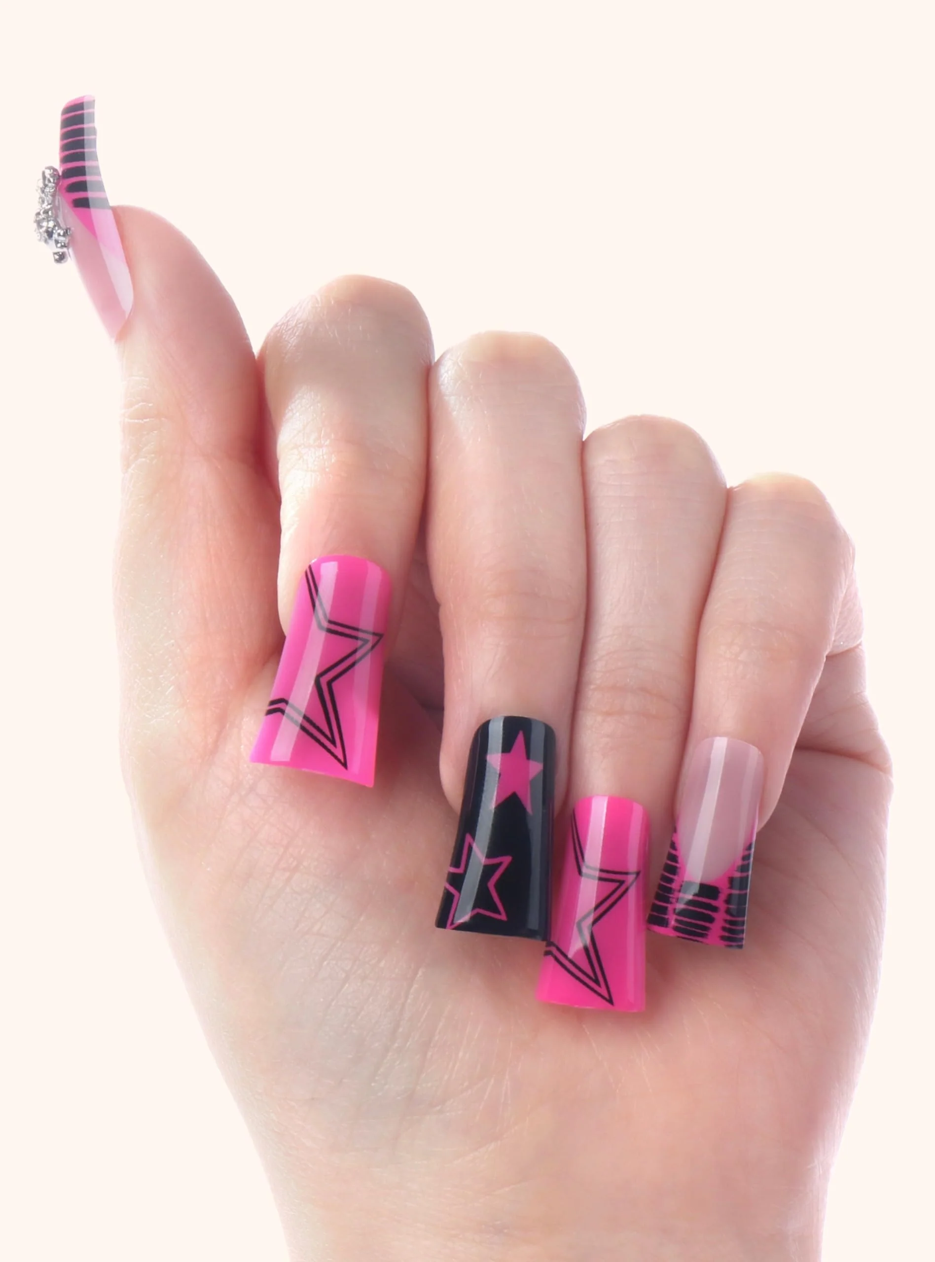 World-Class Glamify by Absolute New York Y2K Press On Nails - Retro Duck Shape Fake Nails with Rhinestones Silver Charms Bold Pop Colors Salon Style Acrylic Recyclable