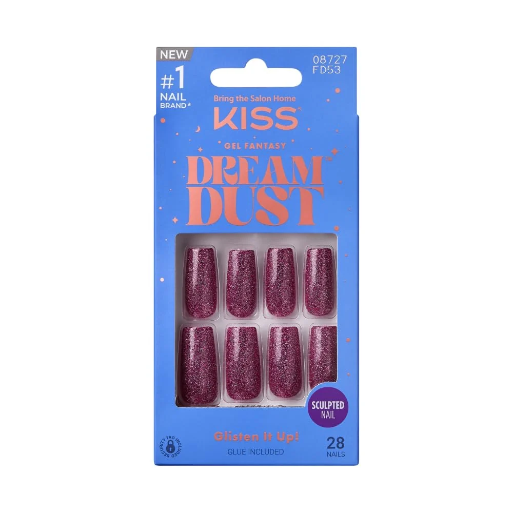 Breathable KISS False Nails Kit Dreamdust Ready to Wear Gel Sculpted Nails Stick and Glue Included Long Length Square Shape with Glitter Effect Long-Lasting Comfortable