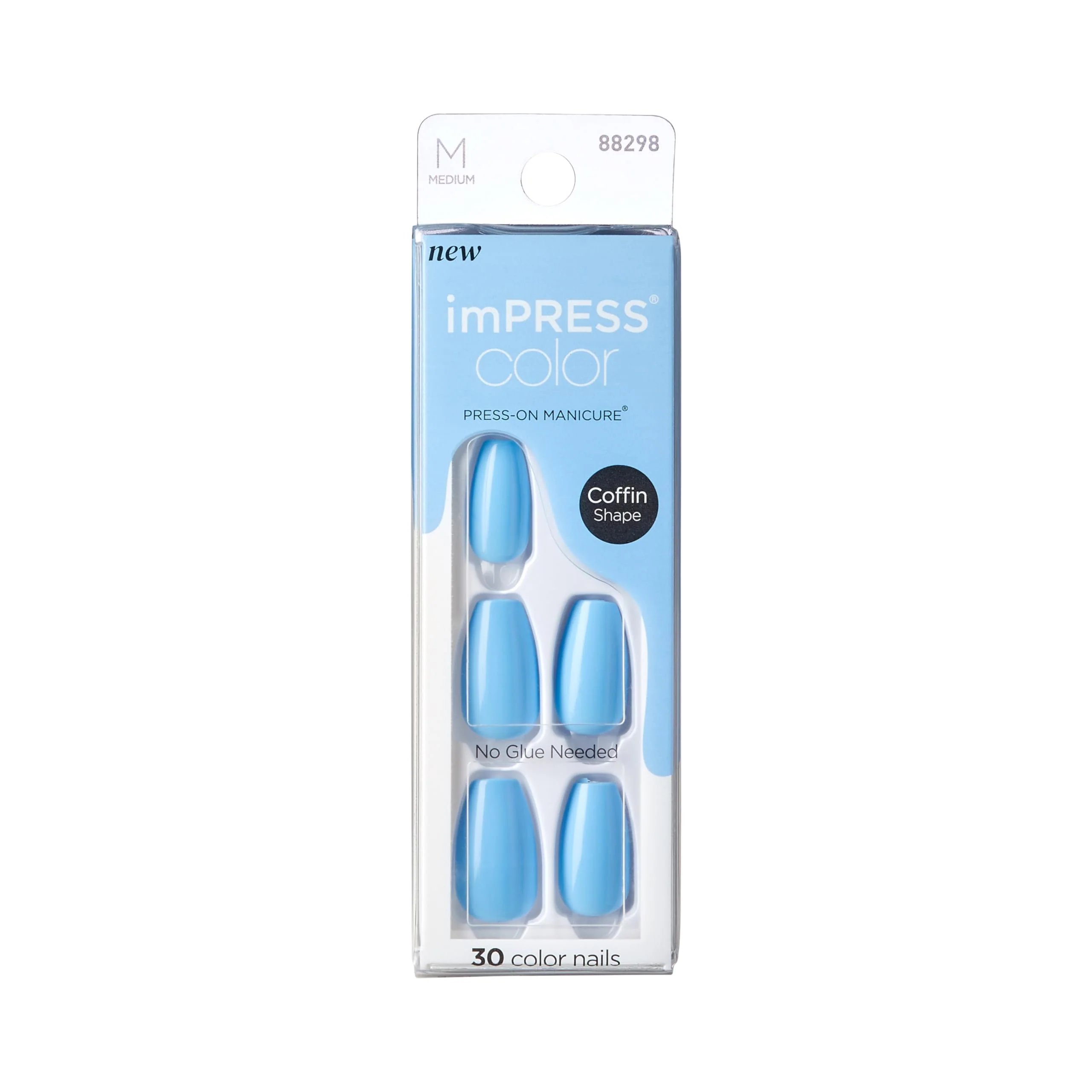 Original KISS imPRESS Color Press-On Manicure Fake Nails Serene Blue- Short Square Solid Blue Ready To Wear Chip Proof Smudge Proof No Dry Time Mini Fine Crafted
