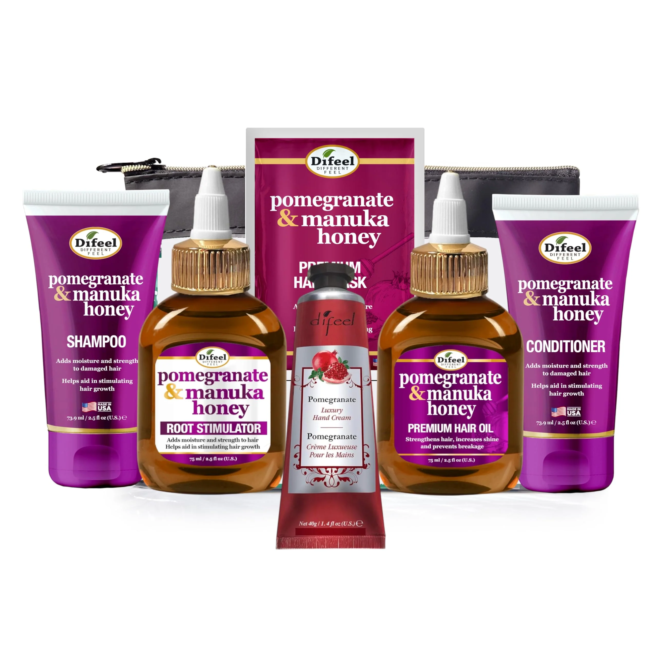 Sustainable Difeel Pomegranate Manuka Honey 6-Piece Travel Hair Care Set - Sulfate- Shampoo Conditioner Hair Oil Root Stimulator Deep Conditioning Mask Unique