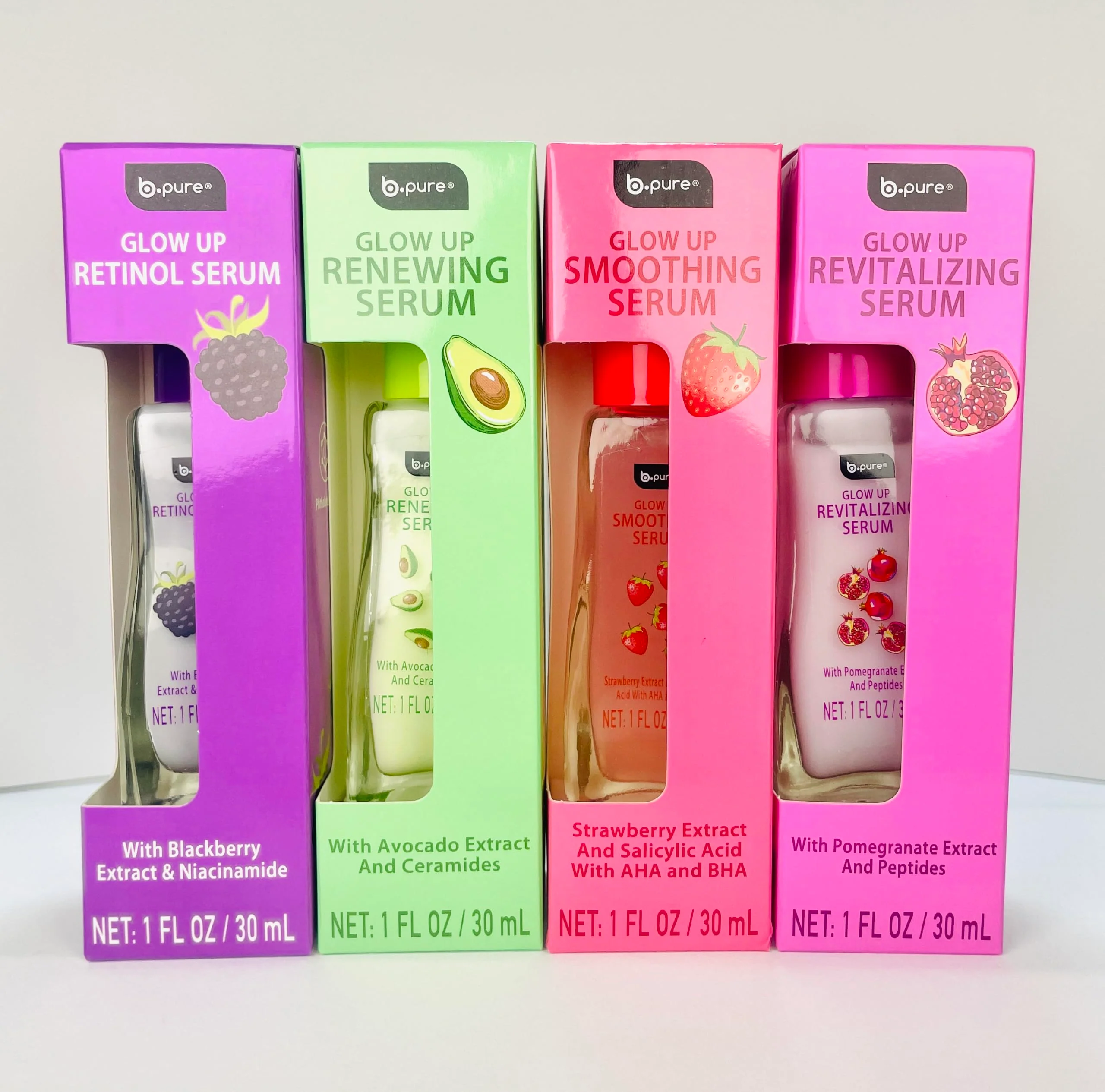 Eco-Friendly B.Pure Glow Up Face Serum Set Retinol Smoothing Revitalizing and Renewing 1 Fl Oz Each 4 Pack Traditional