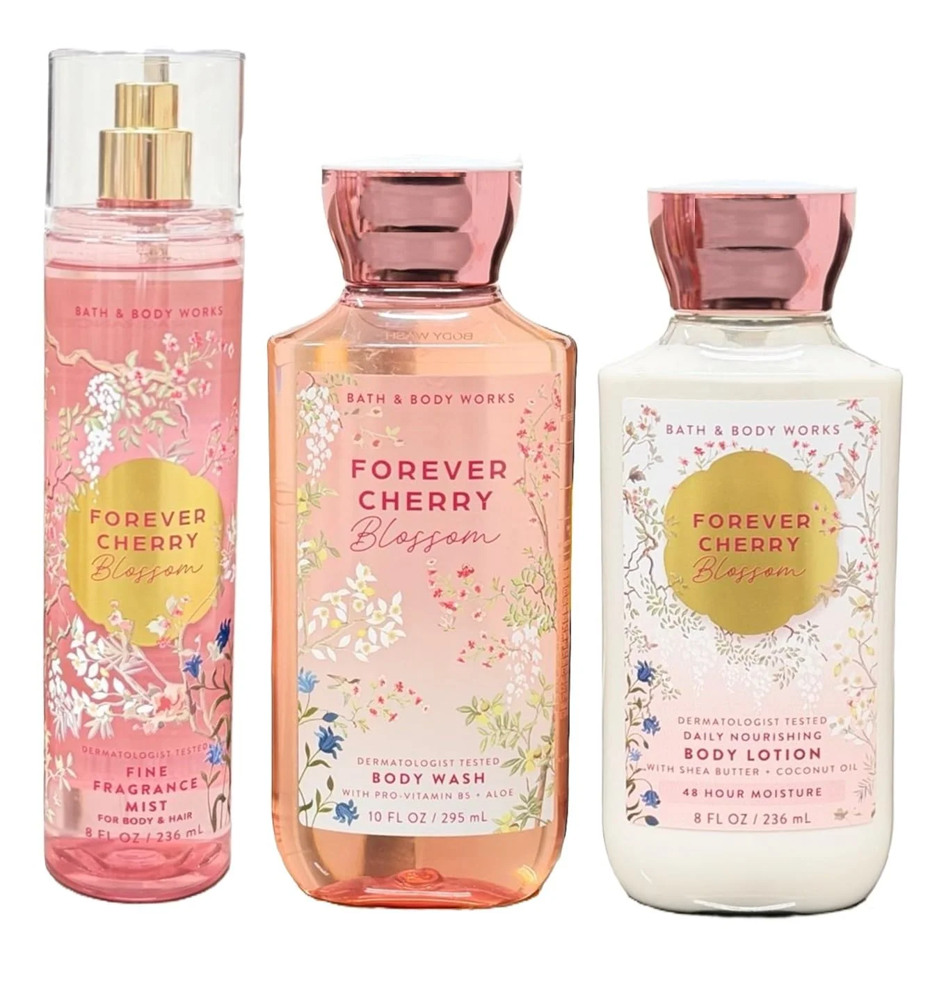 Fast Bath and Body Works Cherry Blossom 3 Piece Body Care Set - Mist Shower Gel and Body Lotion - Full Size Trusted