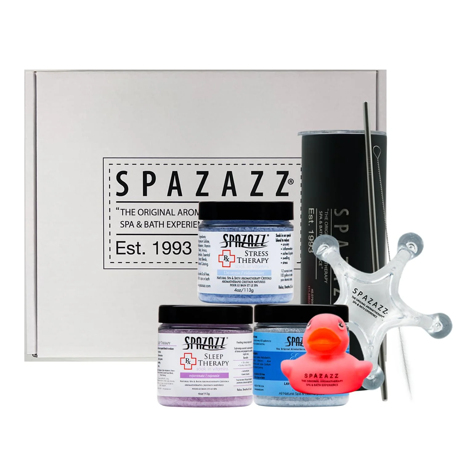 Quality Spazazz Hot Tub Aromatherapy Spa Gift Set - Three 4 Oz Bath Salts in Sleep Stress and Lavender Palmarosa with Tumbler 5 Point Massager Rubber Duck High-Performance