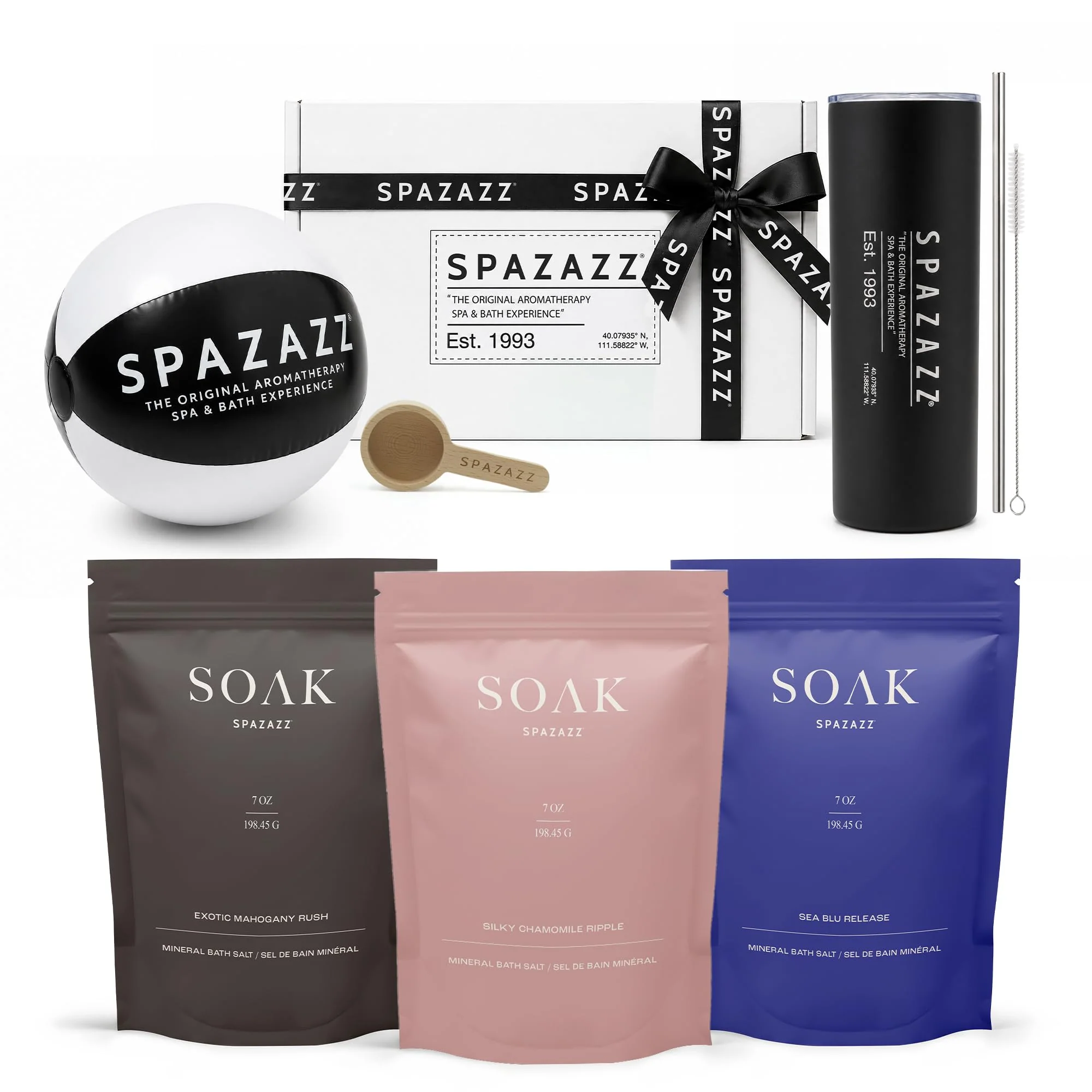 Lightweight Spazazz Soak Bag Gift Set - 7oz Exotic Mahogany Rush Silky Chamomile Ripple Sea Blu Release Aromatherapy Bath Soak with Bath Salt Scoop Tumbler Authentic