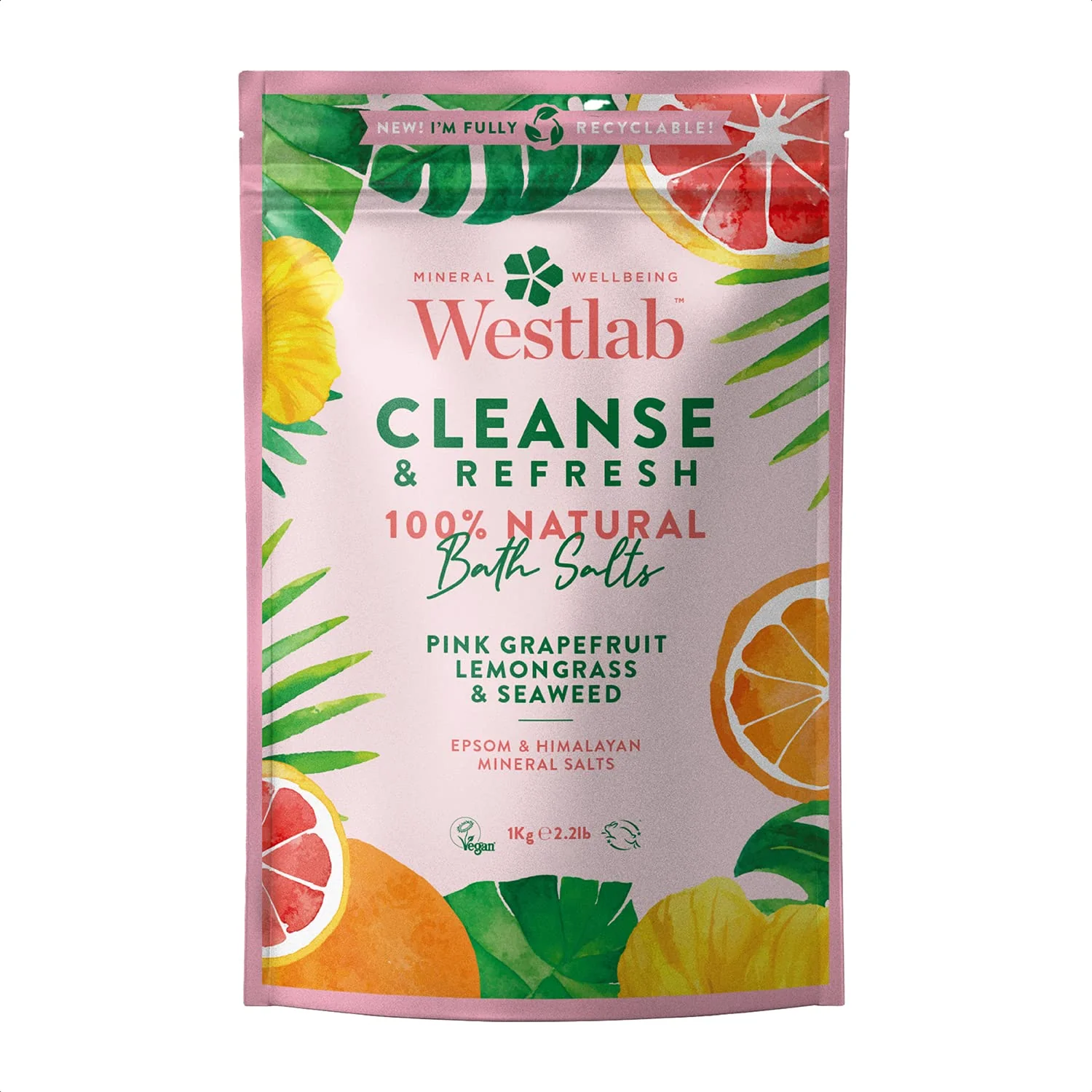 Sustainable Westlab - 1kg - Cleanse Epsom Himalayan Salts Infused with Lemongrass Pink Grapefruit - for Muscle soaks - 1kg Resealable Pouch Professional