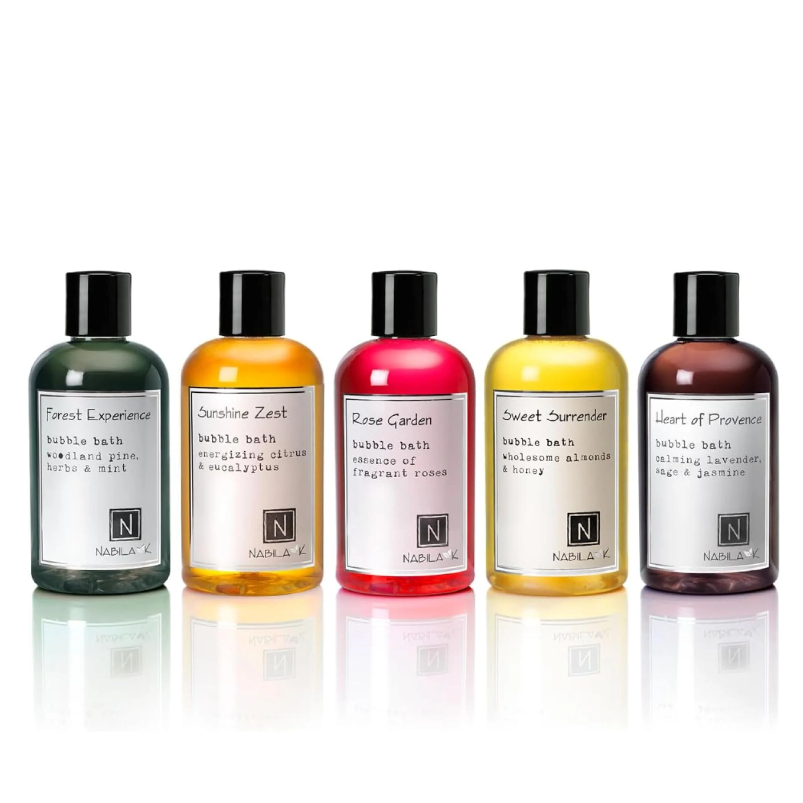 Secure Nabila K Assorted Bubble Bath Collection Set of 5 - Forest Experience Rose Garden Sunshine Zest Sweet Surrender Heart of Provence - Natural Top-Quality