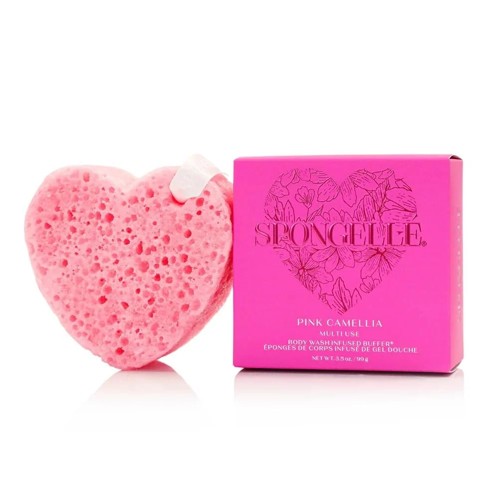 Long-Lasting Spongellé Pink Camellia Heart Bath Sponge - Built-in Body Wash Body Scrubber Shower Loofah Sponge for Women - 20 uses Practical