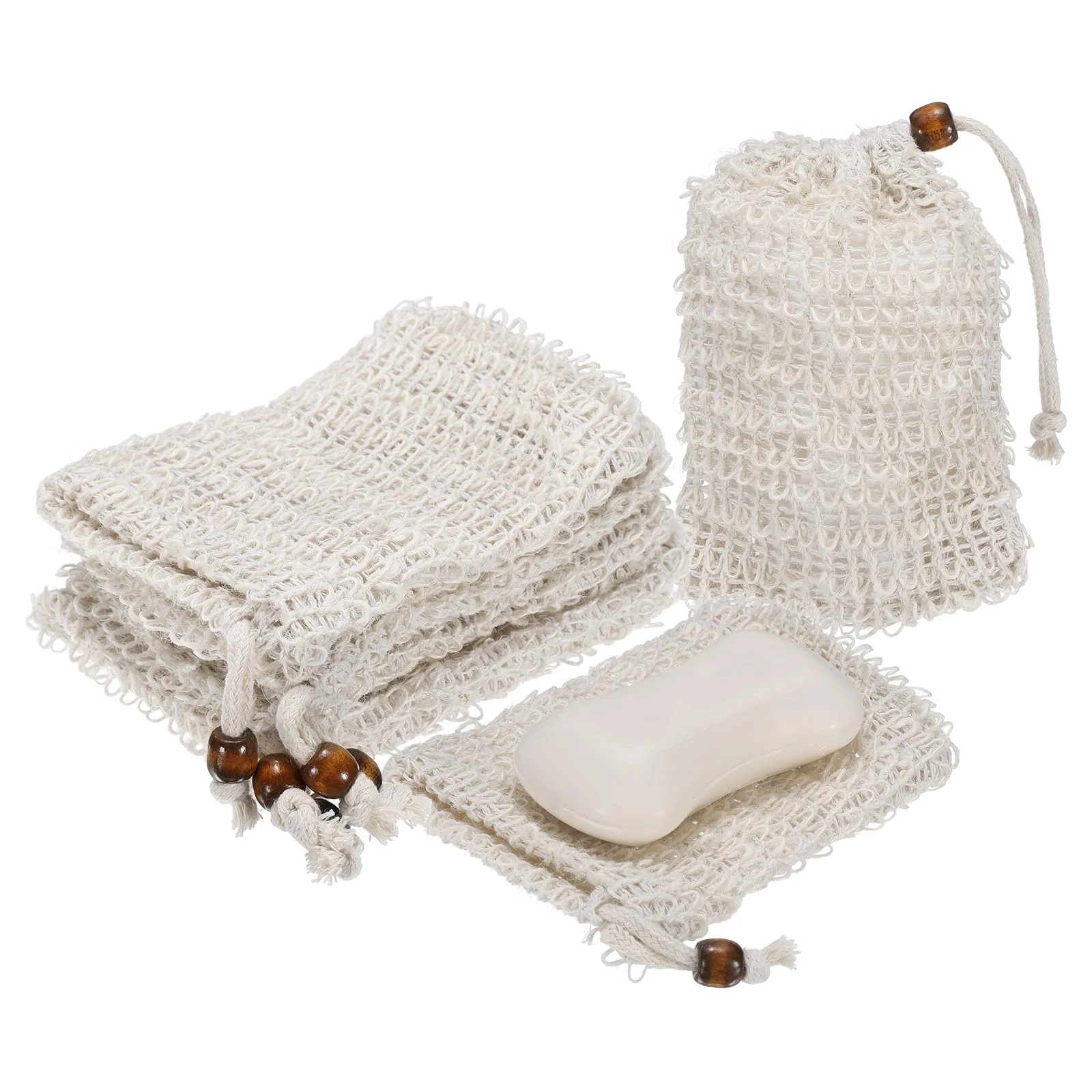 Premium Material uxcell 10 Pcs Soap Saver Bag 5.5 x3.5 Mesh Soap Bag with Drawstring Light Brown Wooden Bead Cotton Scrubber Pouch Exfoliating Net for Body Shower Original Design