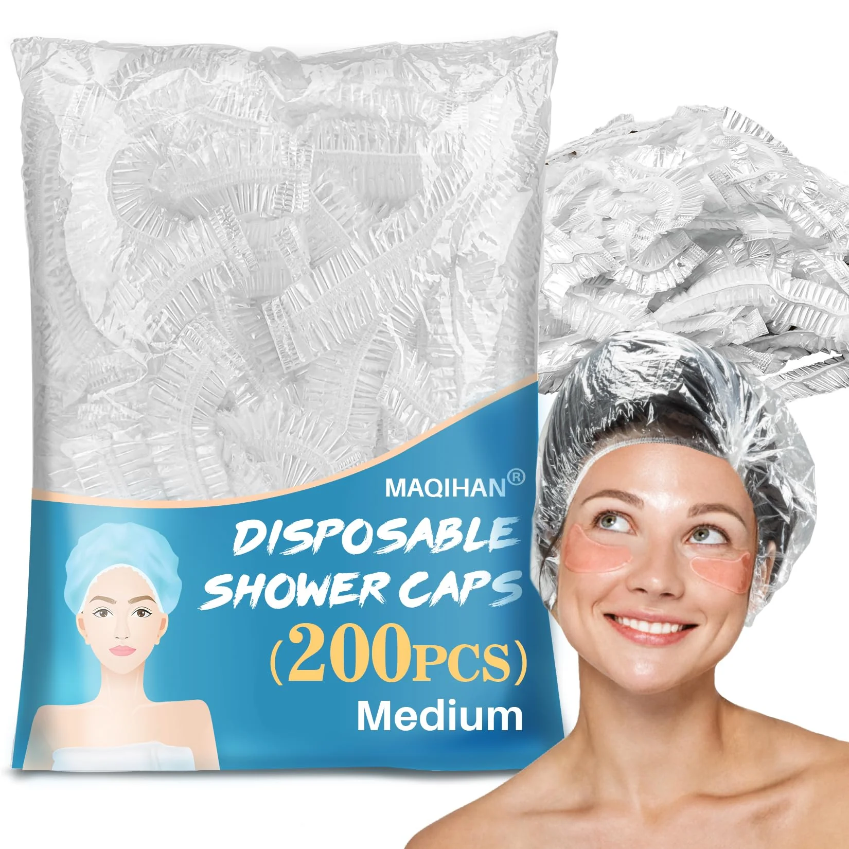 Sustainable MAQIHAN 200 Disposable Shower Caps for Women - Medium Plastic Hair Caps for Hair Treatment Clear Shower Cap for Kids Reusable Waterproof Hair Care Healthy