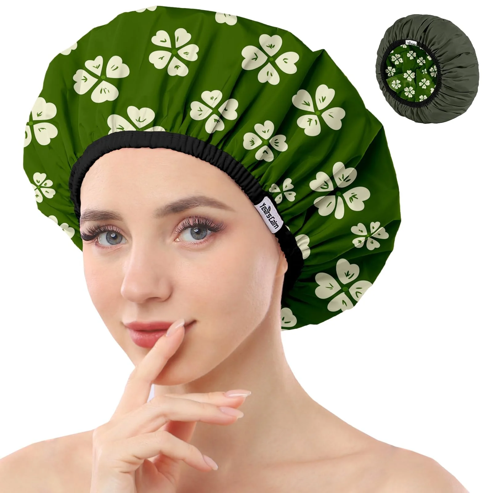 Easy-to-Use Years calm Shower Caps for Women Reusable Waterproof Double Layer Waterproof Fabric - Both Sides Usable Reversible Pattern Solid Color Design Smart